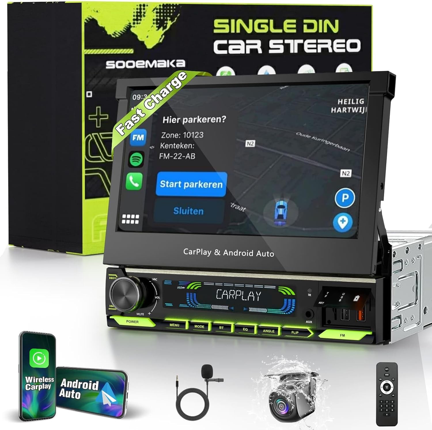 Single Din Touchscreen Radio SOOEMAKA Wireless CarPlay QLED Flip Out