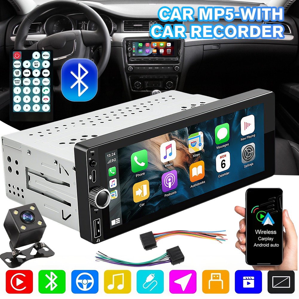 6.9″ Single Din Android 14 Car Stereo Wireless Apple CarPlay Bluetooth Radio USB