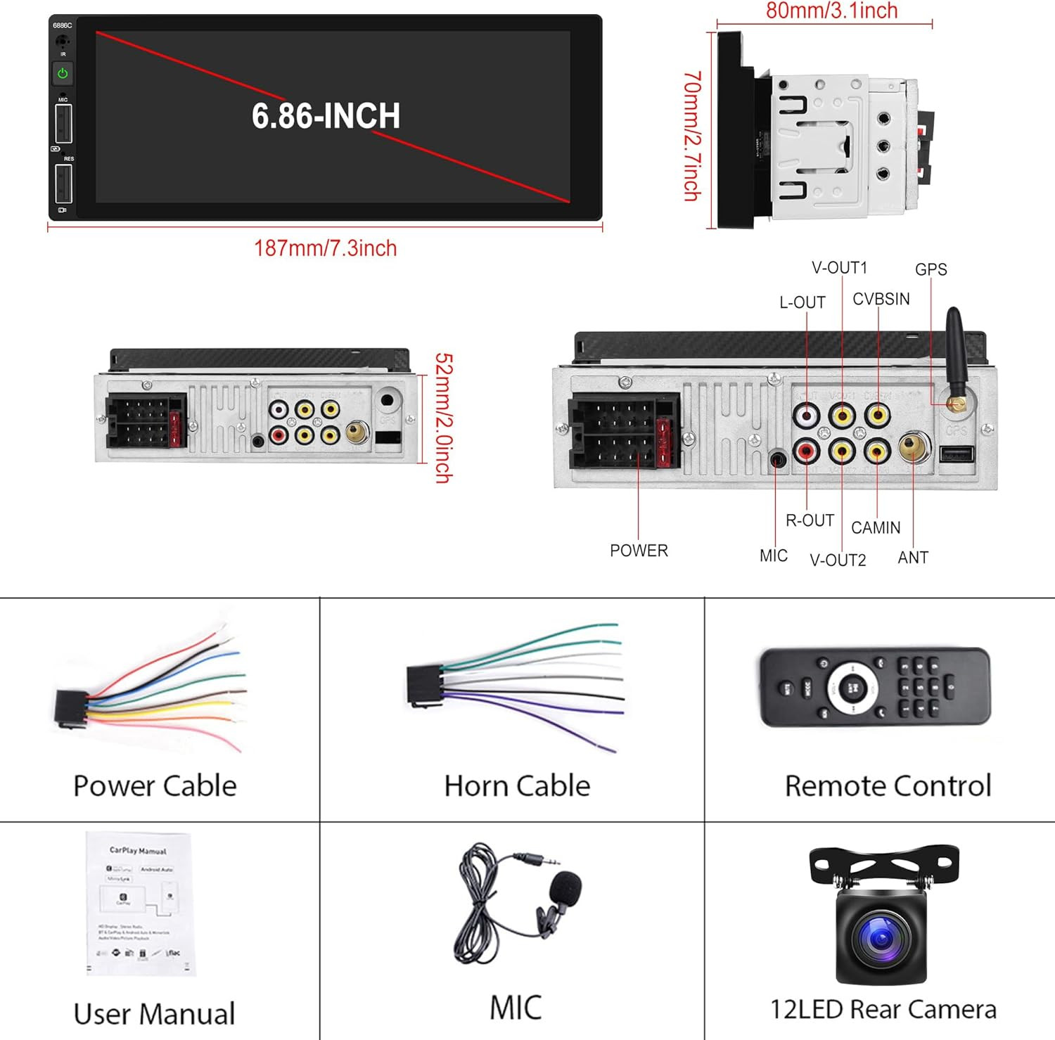 Single Din Car Stereo with Wireless Carplay & Android Auto, 6.9″ HD IPS Touchscr