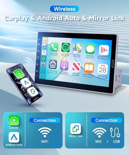 Single Din Car Stereo Wireless CarPlay Android Auto, Detachable IPS 10.1 inch