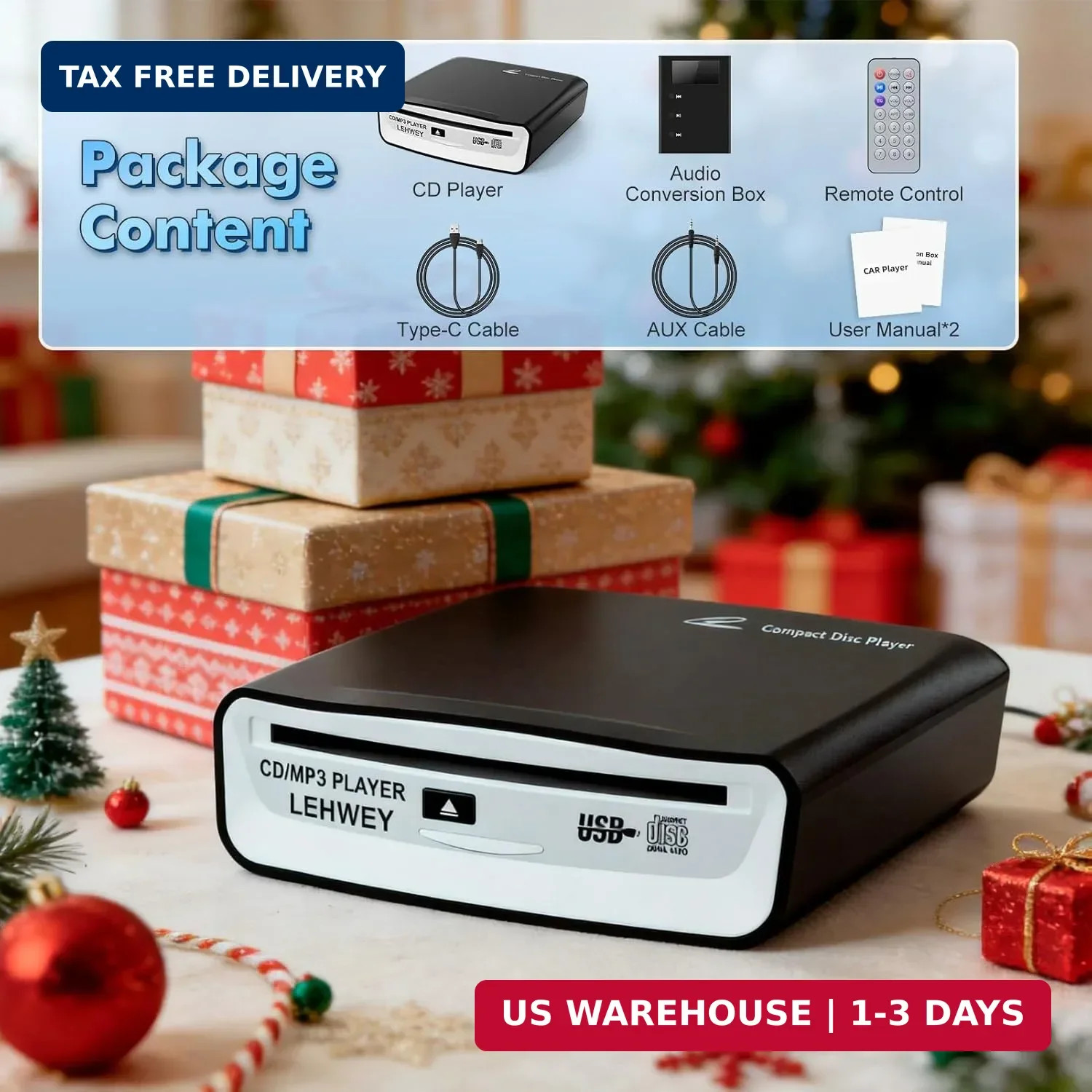 External Universal CD Player for Car – Portable Car CD Players with AUX Cable &