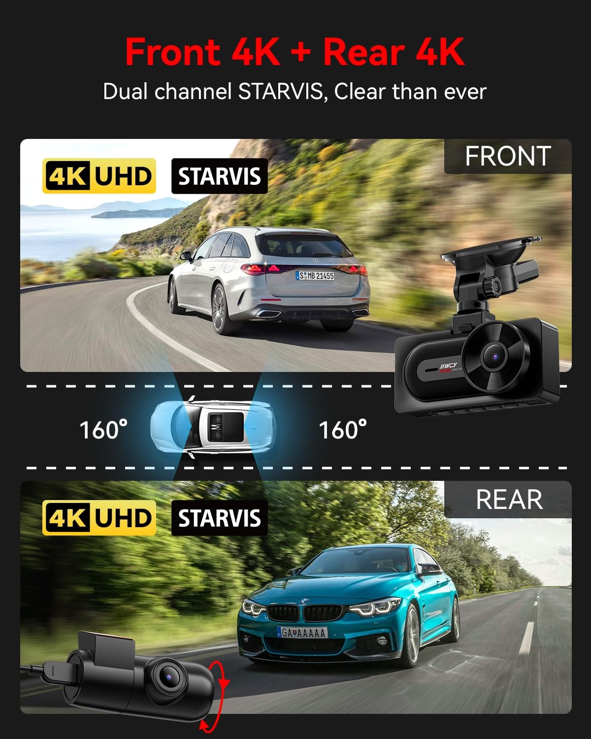IIWEY 4K+4K Dash Cam Front+Rear, Dual STARVIS, 5G WiFi-6, 128GB SD, GPS, 24/7 PK