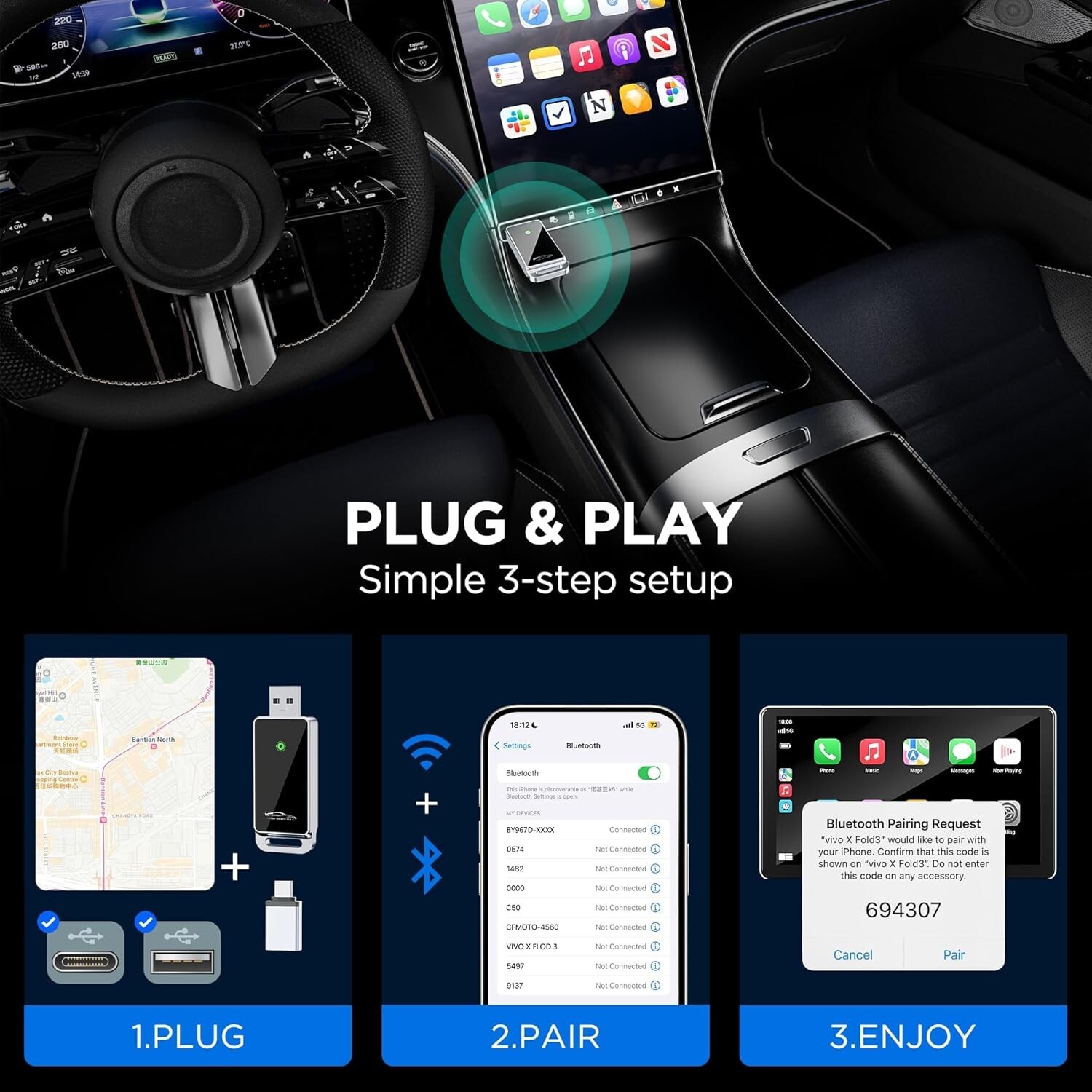 NEW Wireless CarPlay BY967D SEALED Plug and Play No Latency Wired to Wireless