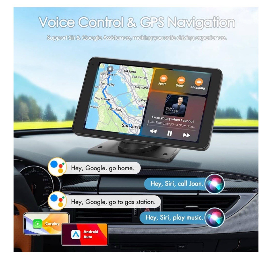 Portable Wireless Car Stereo, 7″ HD Touchscreen CarPlay Android Camera Mirroring