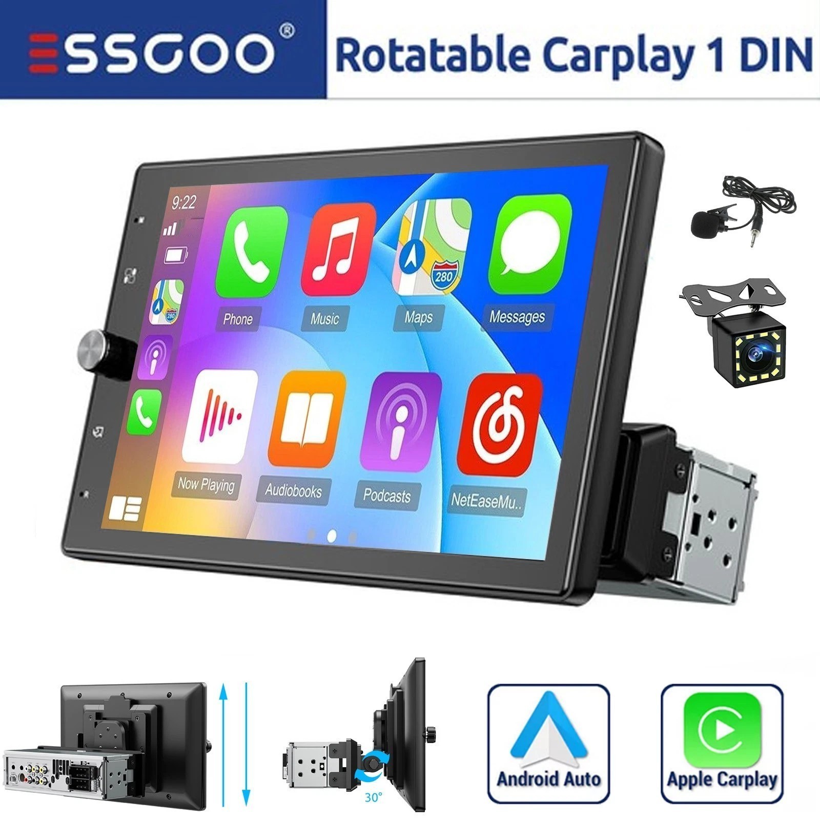 10.4″ Single 1 DIN Apple CarPlay Android Auto Car Stereo Head Unit USB CAM GPS