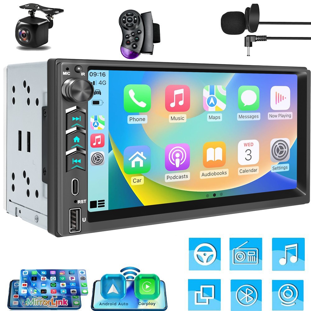 In-Dash 7″ QLED Double DIN CarPlay Android Auto Car Stereo Radio GPS DSP USB RDS