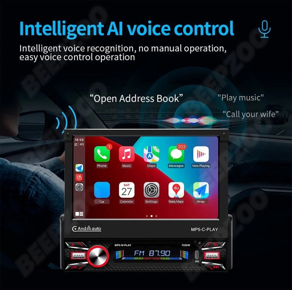 7″ 1 Din Flip Car Radio MP5-II Player Carplay AndroidAuto Touch Video USB Remote