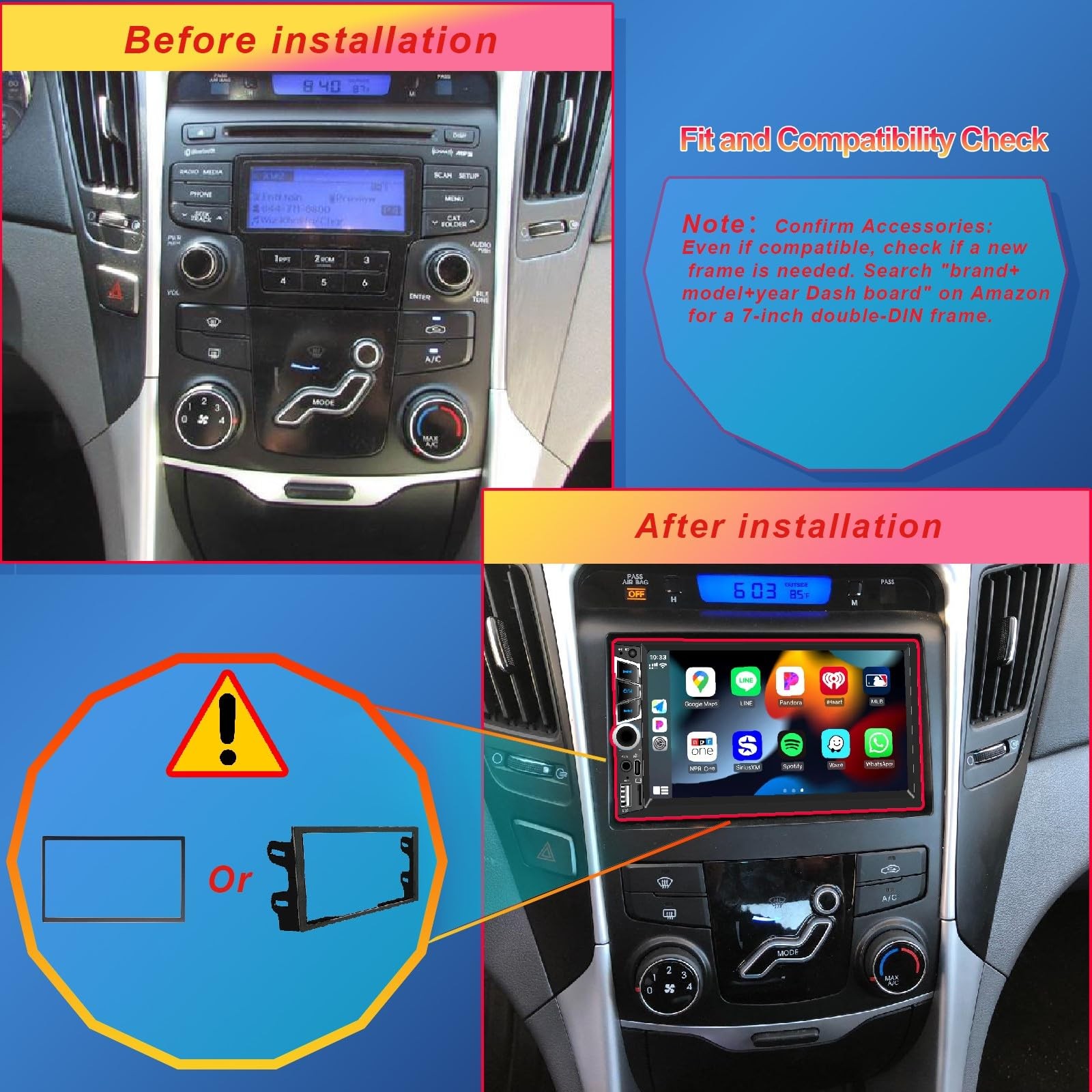 7″ Double Din Car Stereo with Wireless Apple CarPlay,Car Radio Build-in Bluet…