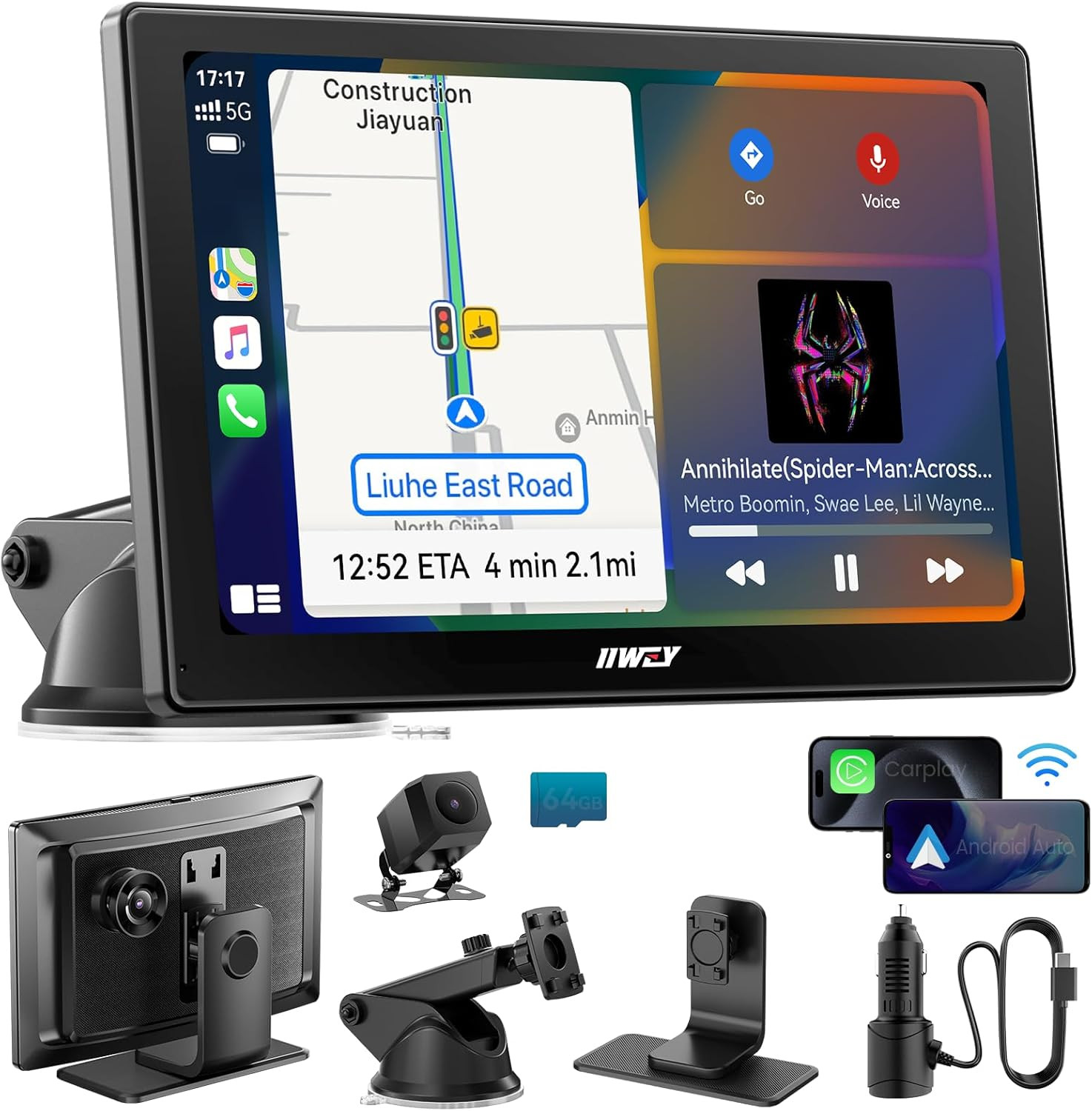 IK5 9″ Wireless Apple Carplay & Android Auto Screen, Portable Car Stereo with 4K