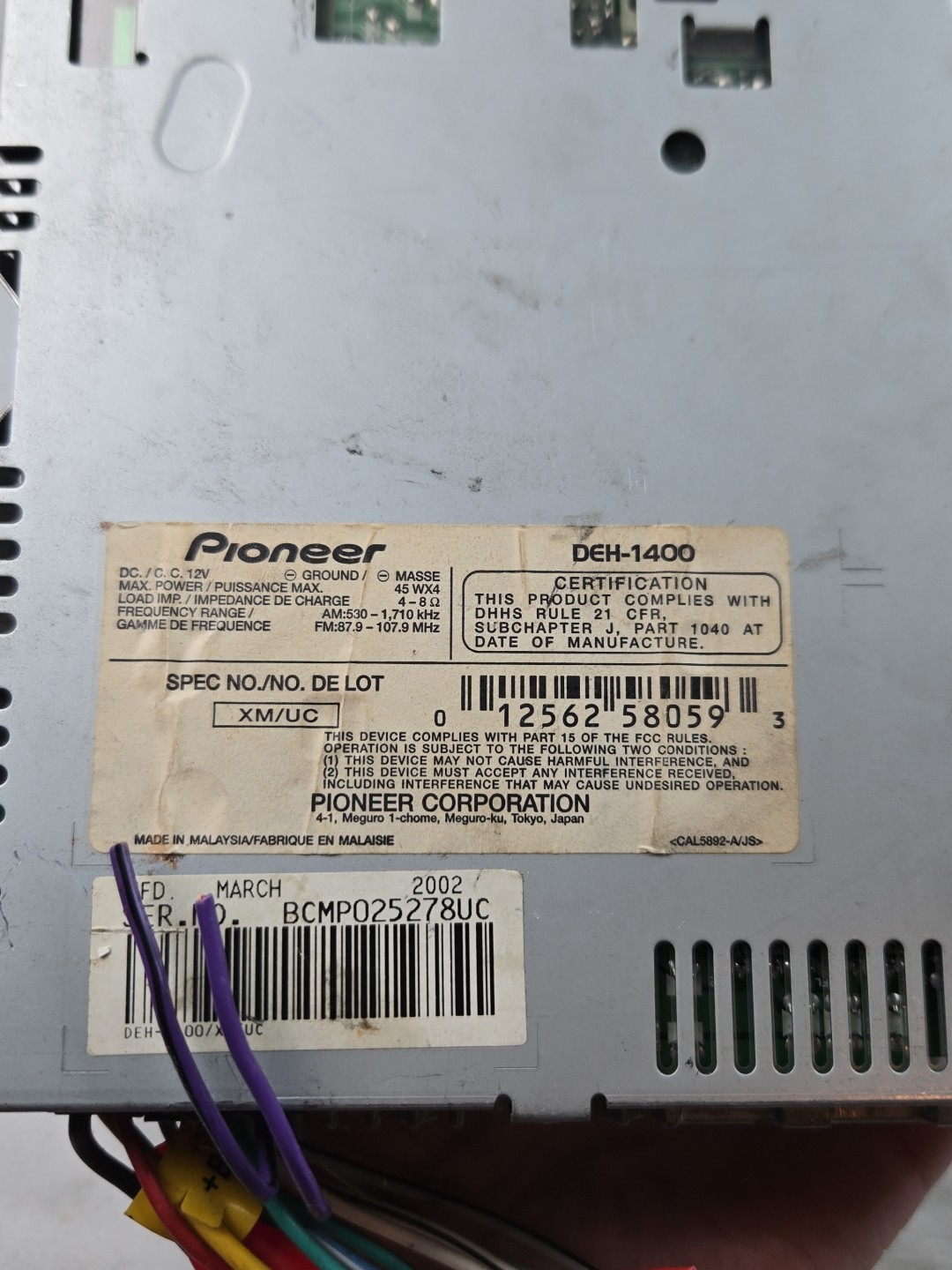 Pioneer DEH-1400 CD Player stereo Tested And Working With Face Plate