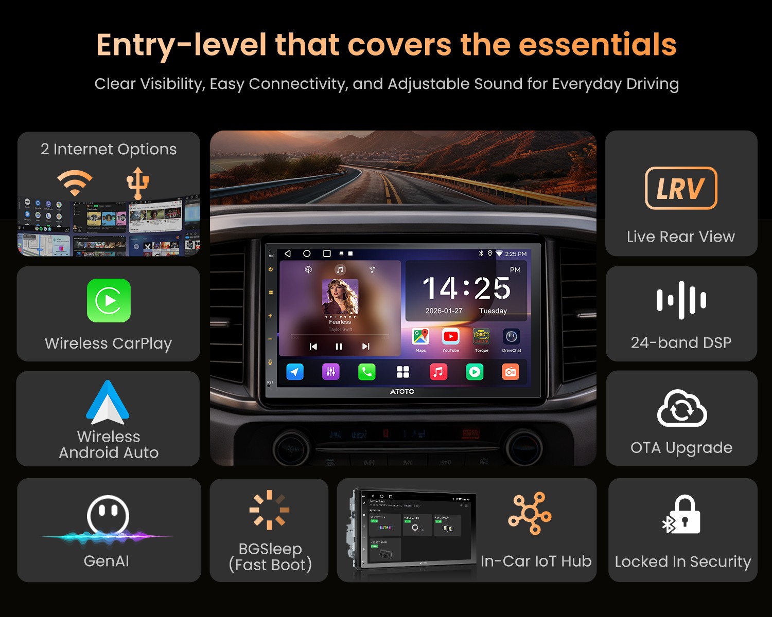 ATOTO A5L Double Din 7″ Car Stereo TouchScreen Wireless Carplay Android Auto