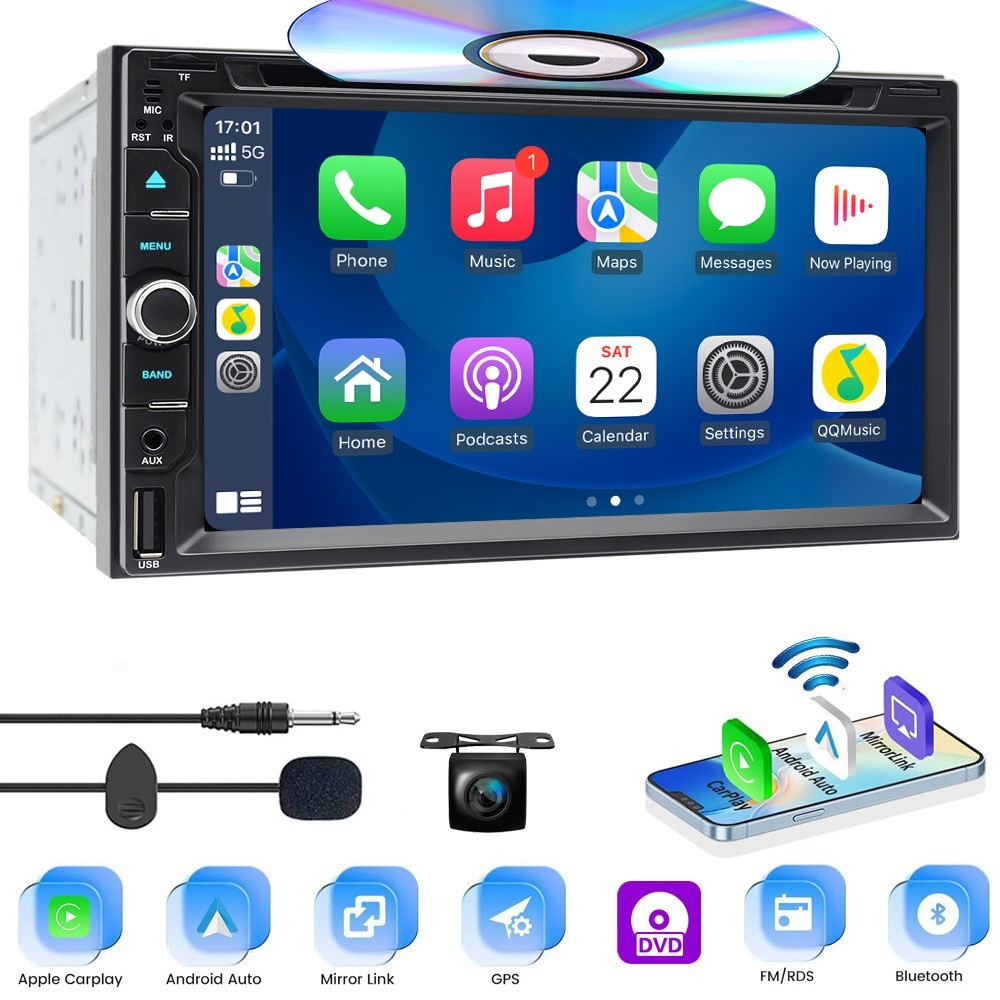 7” 2 DIN Audio Car Stereo Radio CD DVD HeadUnit Bluetooth Wireless Auto CarPlay