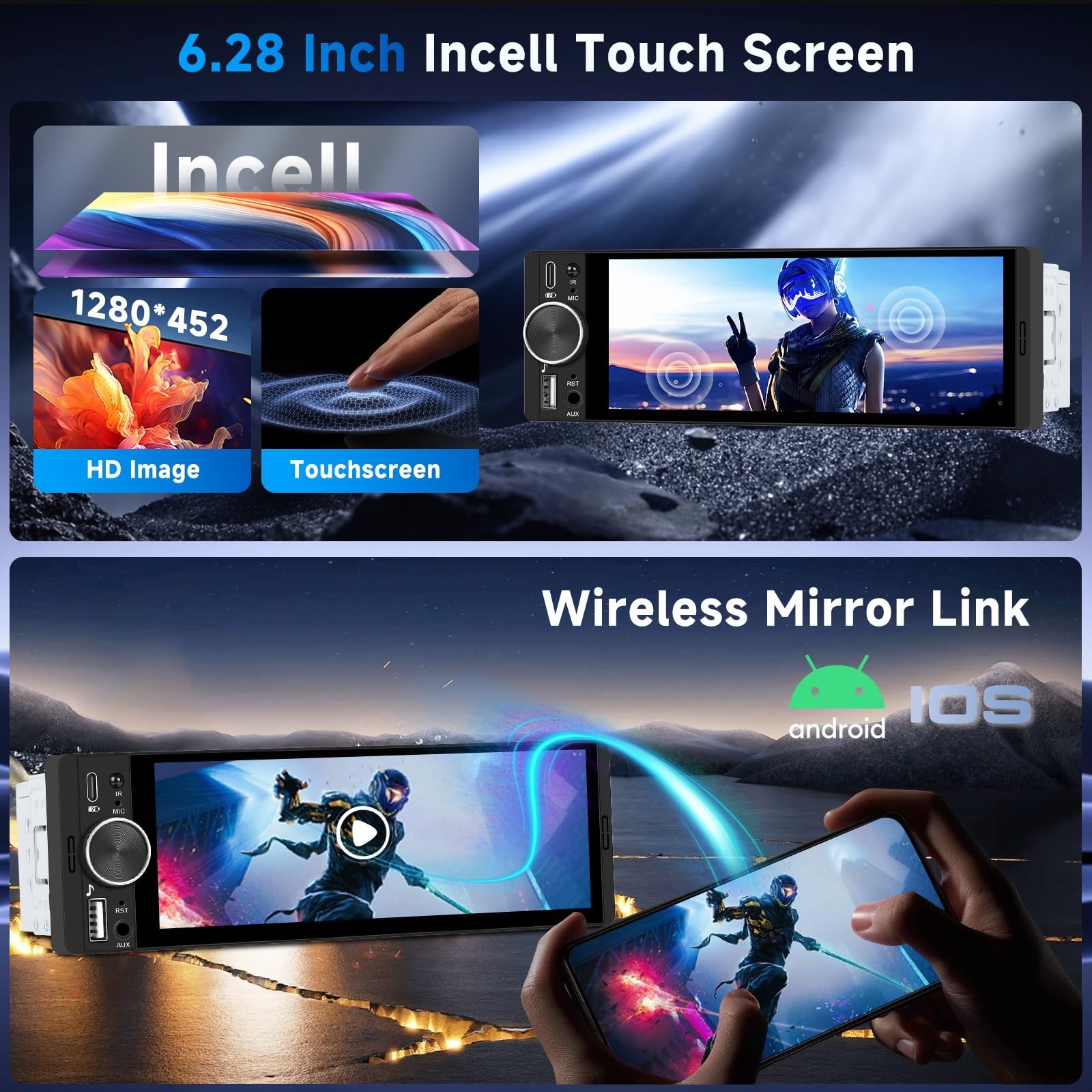 Single Din Car Stereo with 6.28” Touch Screen, Wireless CarPlay & Android Auto,