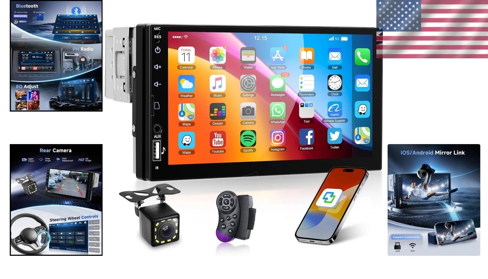 7 Inch Bluetooth Car Radio Stereo with Backup Camera and Steering Wheel Control