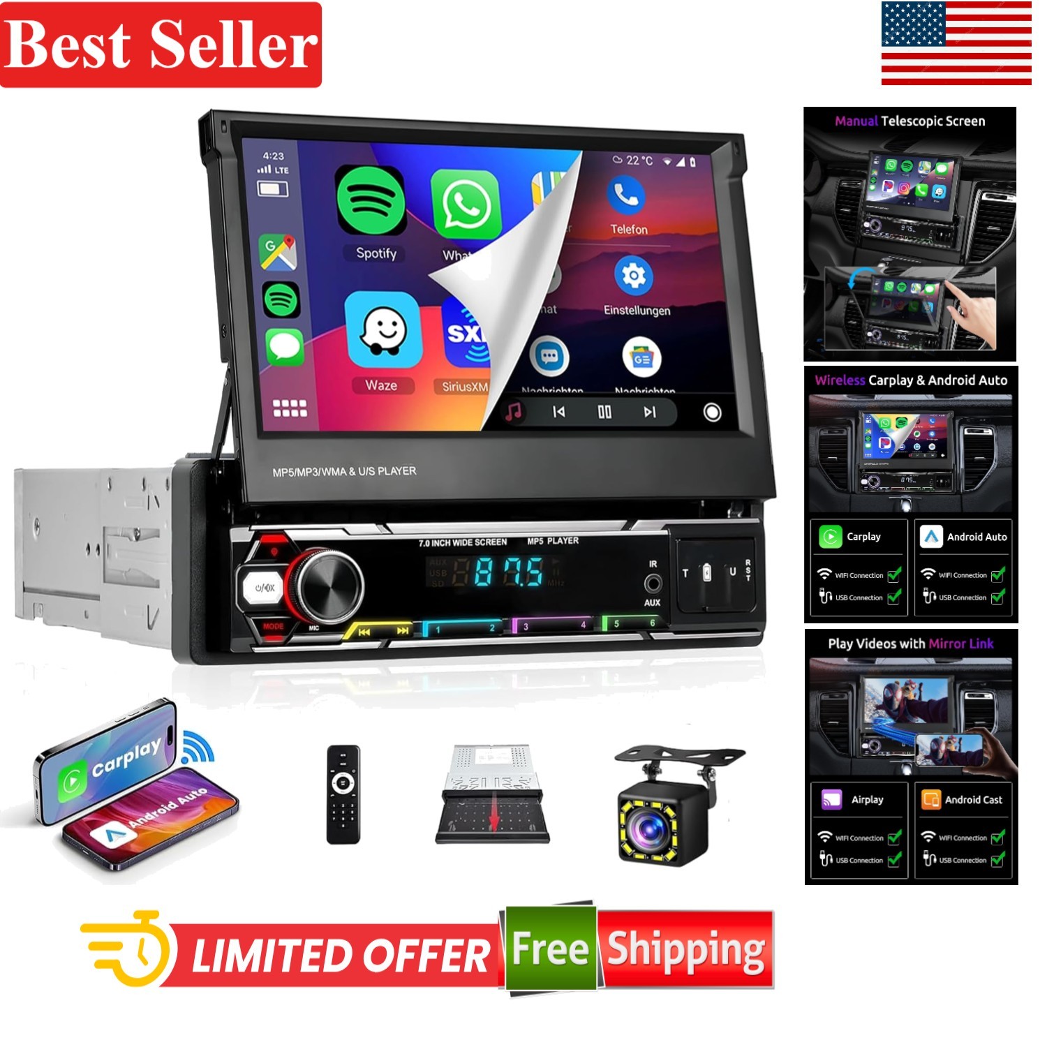 Wireless Carplay Android Auto 7 Inch Single Din Touchscreen Car Stereo Blueto…