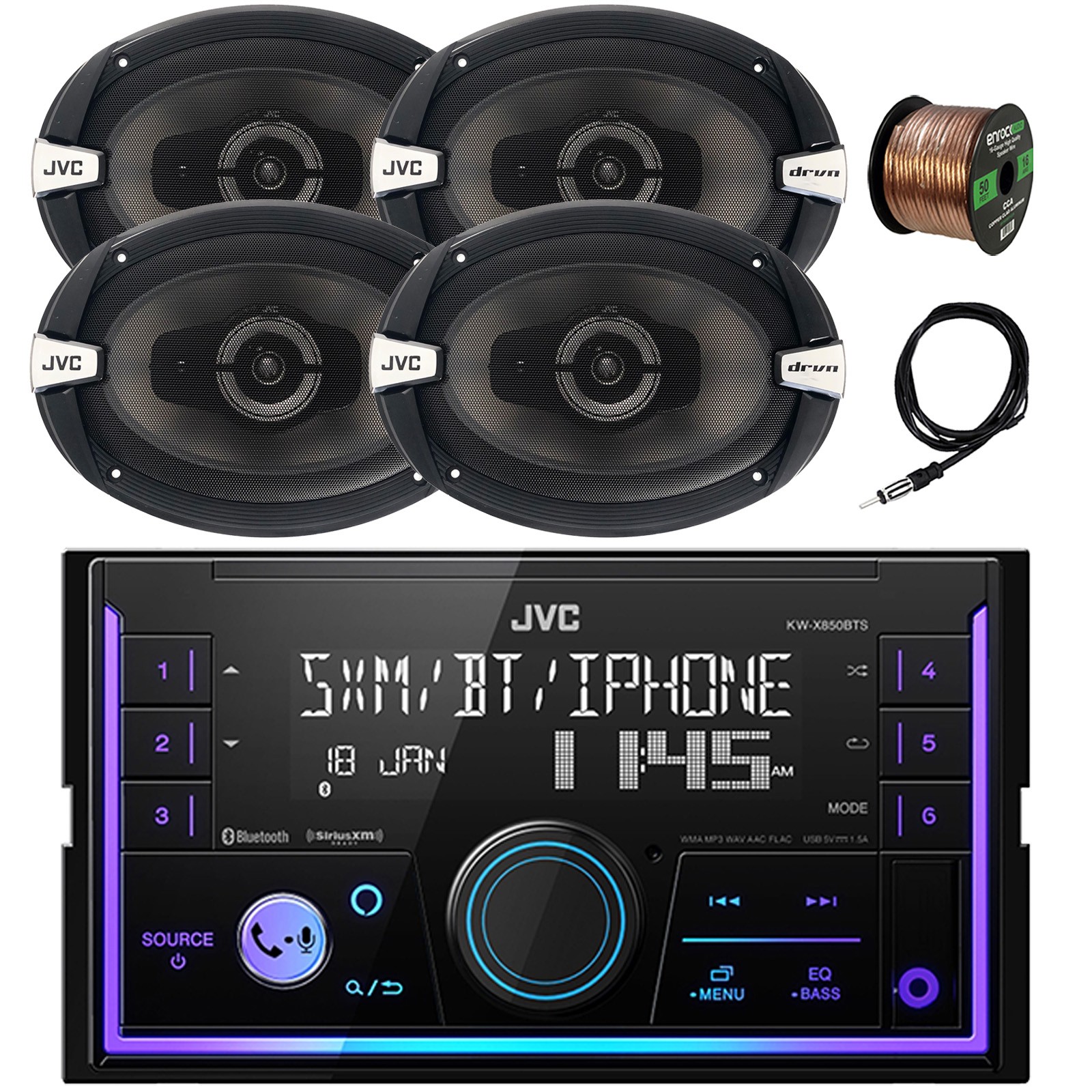In-Dash 2DIN USB/AUX Bluetooth Car Receiver, 4x 6×9″ 500W Speaker, Antenna, Wire