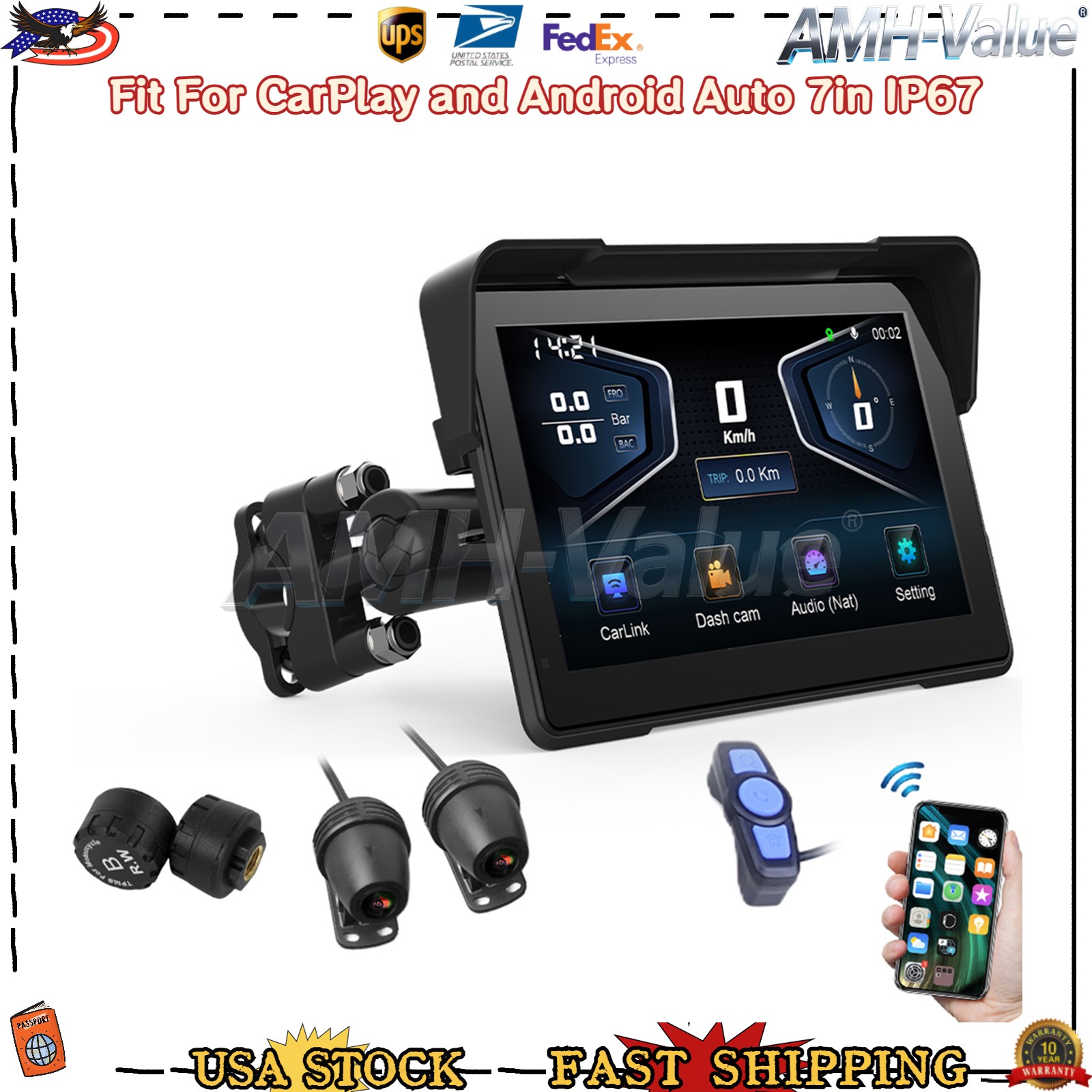 7″ Wireless CarPlay Touch Screen Motorcycles Navigator GPS with camera DVR&TPMS