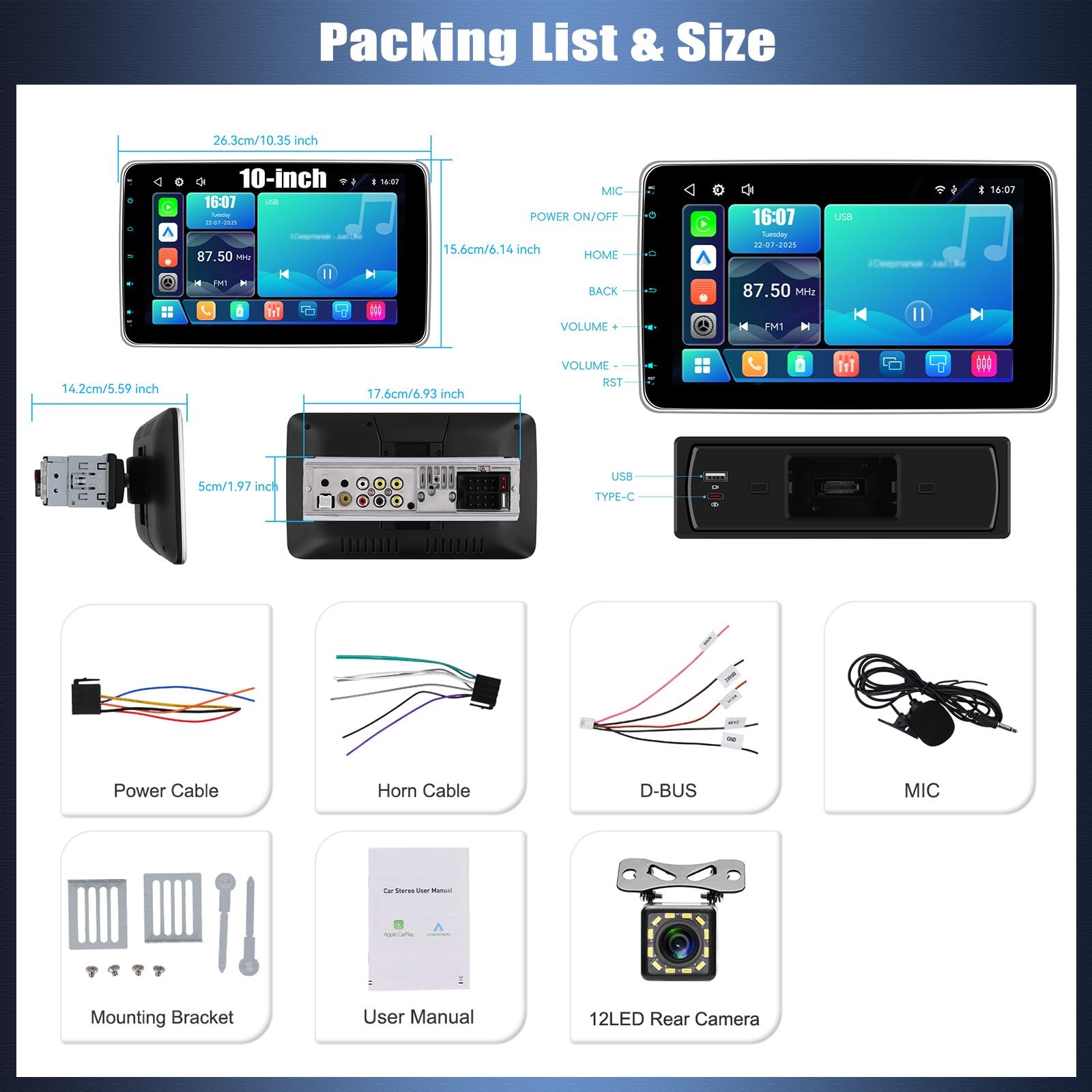 Single Din Car Stereo with Wireless Carplay Android Auto,10.1 Inch Detachable…