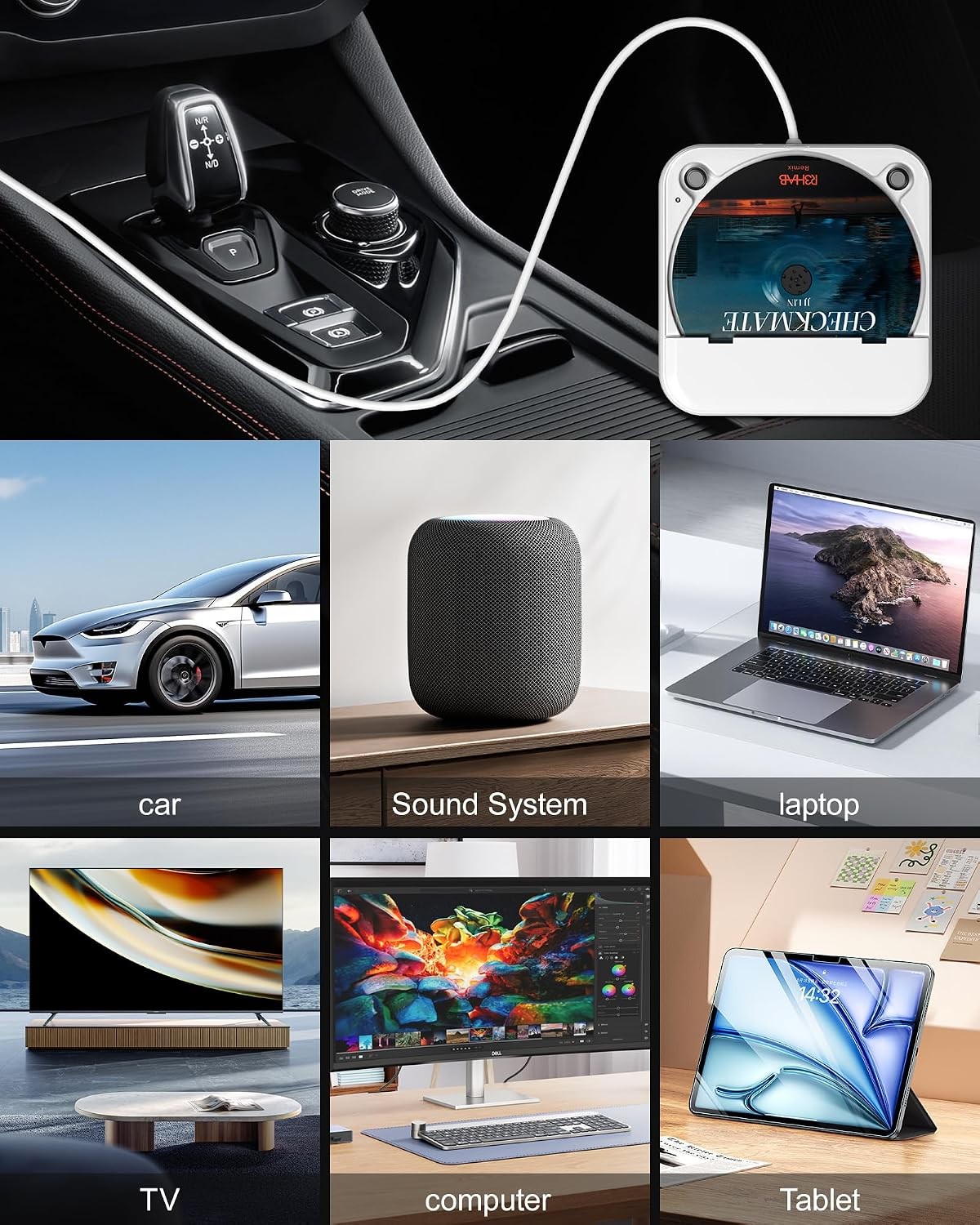 ENVYCLOUD Portable Car CD Player with USB/AUX Port,External CD Player
