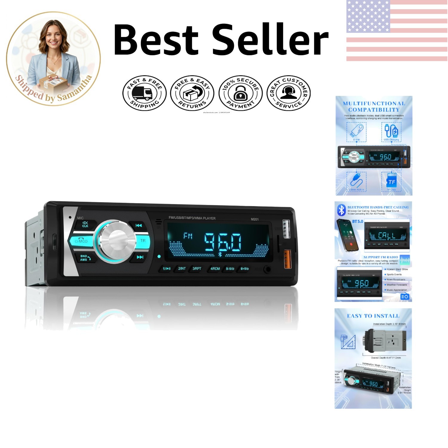 Durable Bluetooth Car Stereo with Easy Installation – FM/USB/AUX Connectivity