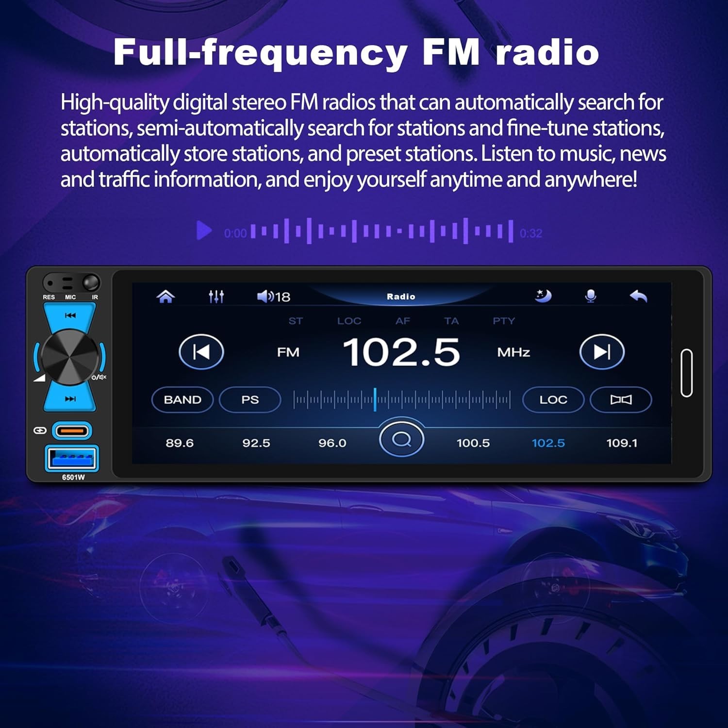 6.5in Single Din Car Stereo with Wireless Apple CarPlay Android Auto Bluetooth