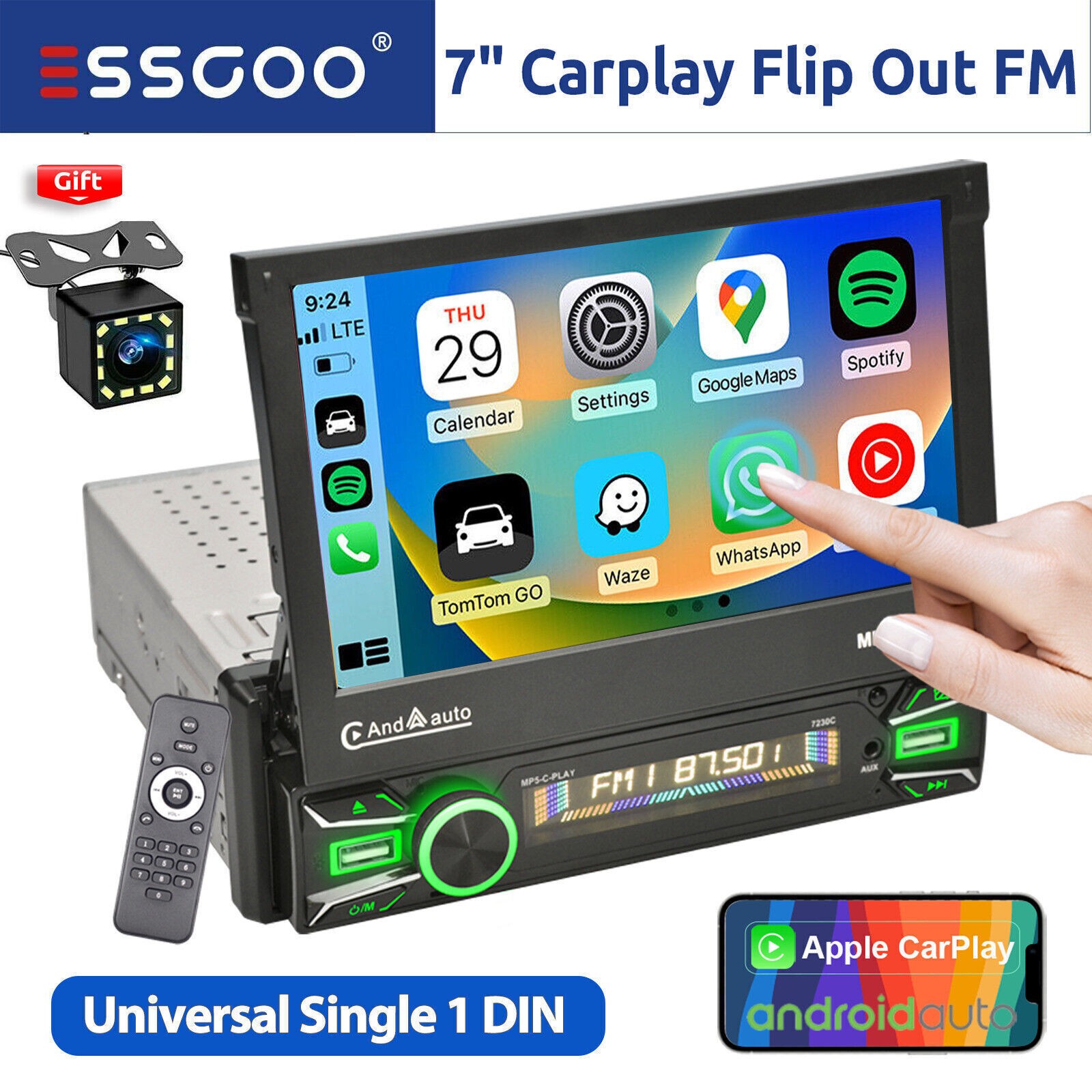 Flip Out Car Stereo Single 1DIN 7″ Carplay/Android Auto Head Unit USB FM +Camera