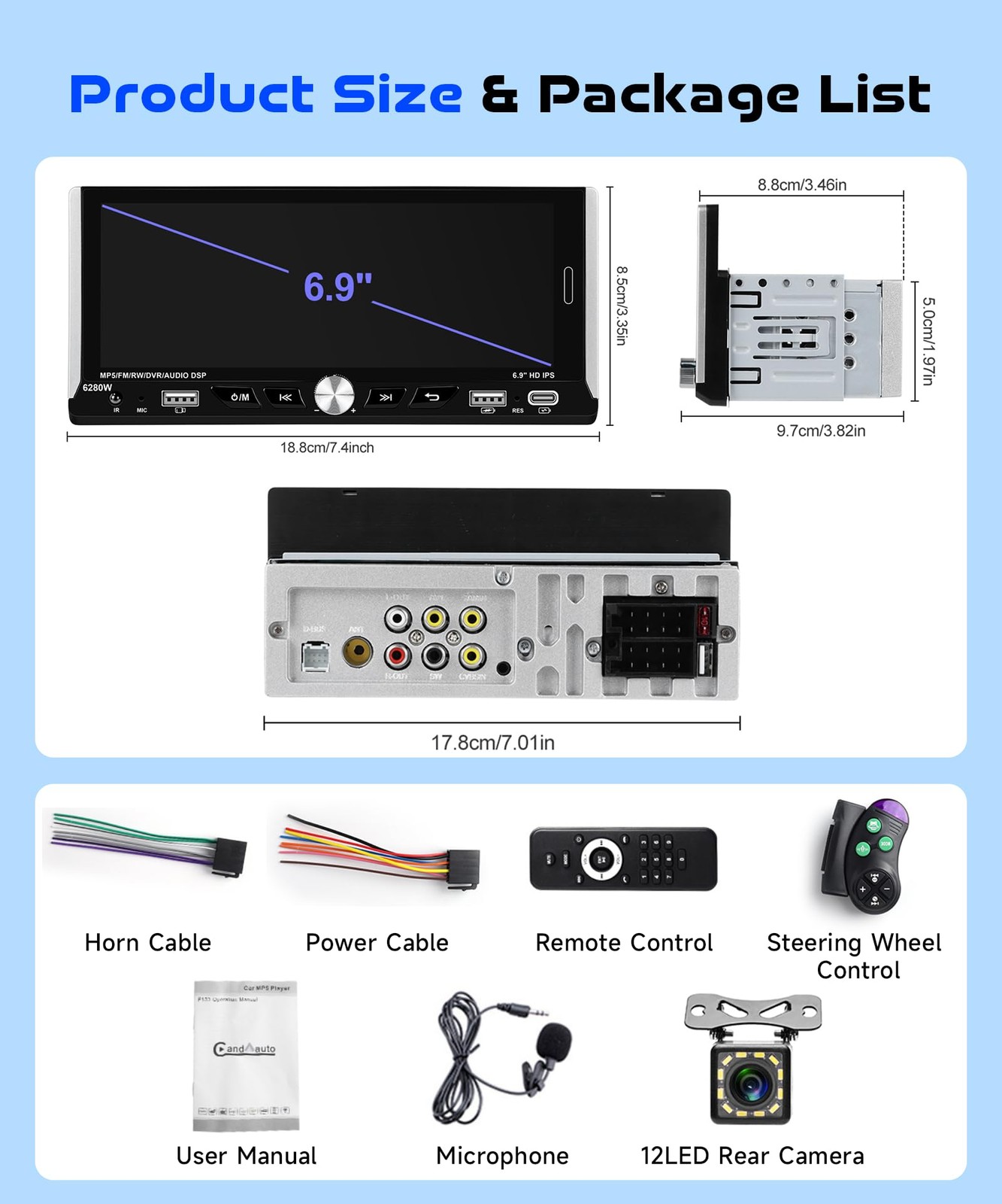6.9-inch Single Din Car Stereo Wireless Carplay,1280X480P IPS Touch Screen Ca…