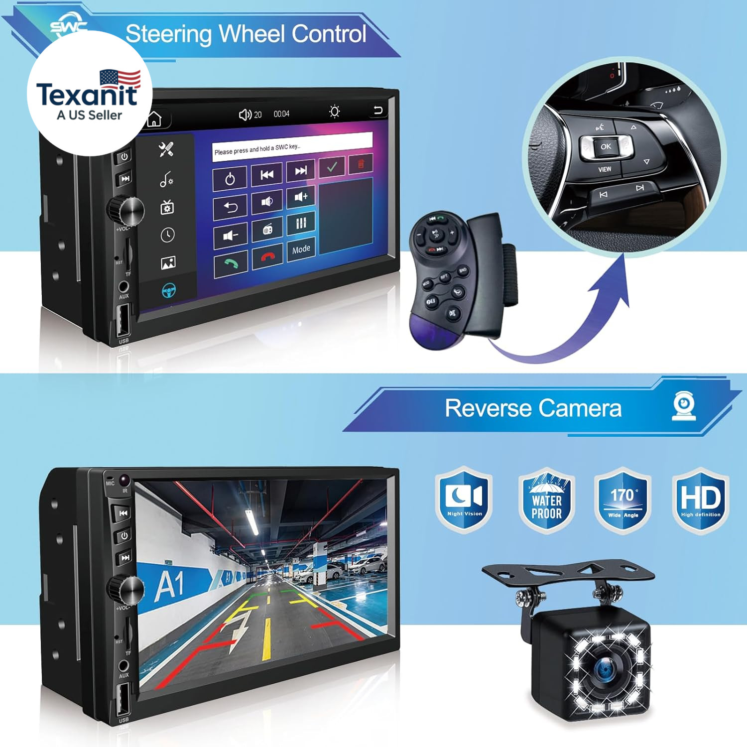 Wireless Double Din Car Stereo Works with Apple Carplay,7 Inch HD 1024 * 600 Tou