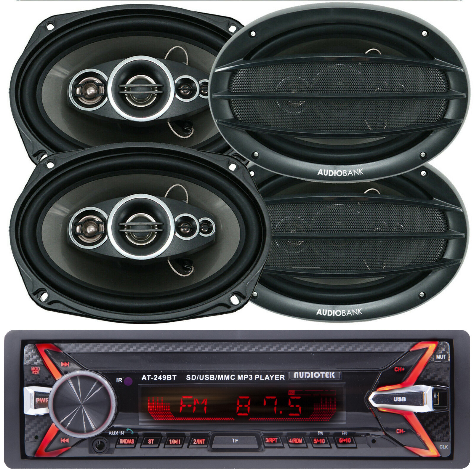 Audiotek Bluetooth Car Stereo Digital Media Receiver + 4x Audiobank 6×9″ Speaker