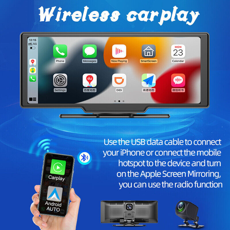 10″Portable Wireless Carplay Car Stereo Touch Screen Multimedia Player Bluetooth