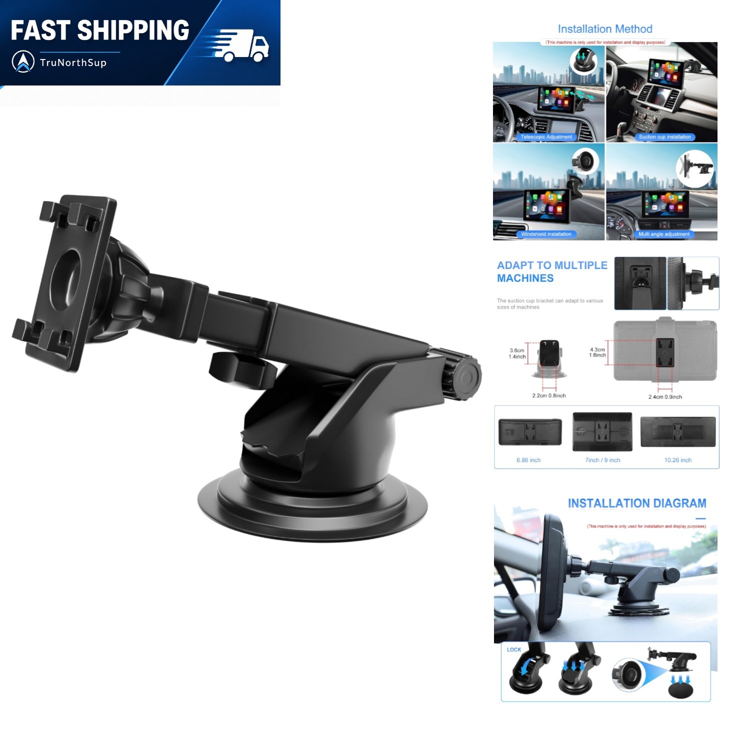 Car suction cup mount bracket for 6.8 to 10.26 inch portable carplay Android …