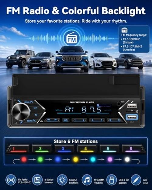 Single DIN Car Stereo Bluetooth Car Radio with FM/MP3/AUX Dual USB SWC P2