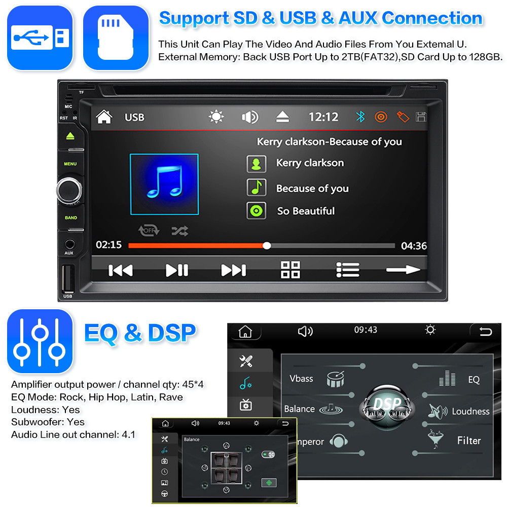 Car Stereo Bluetooth Carplay Radio Double 2 Din 7″ CD DVD Player Backup Camera
