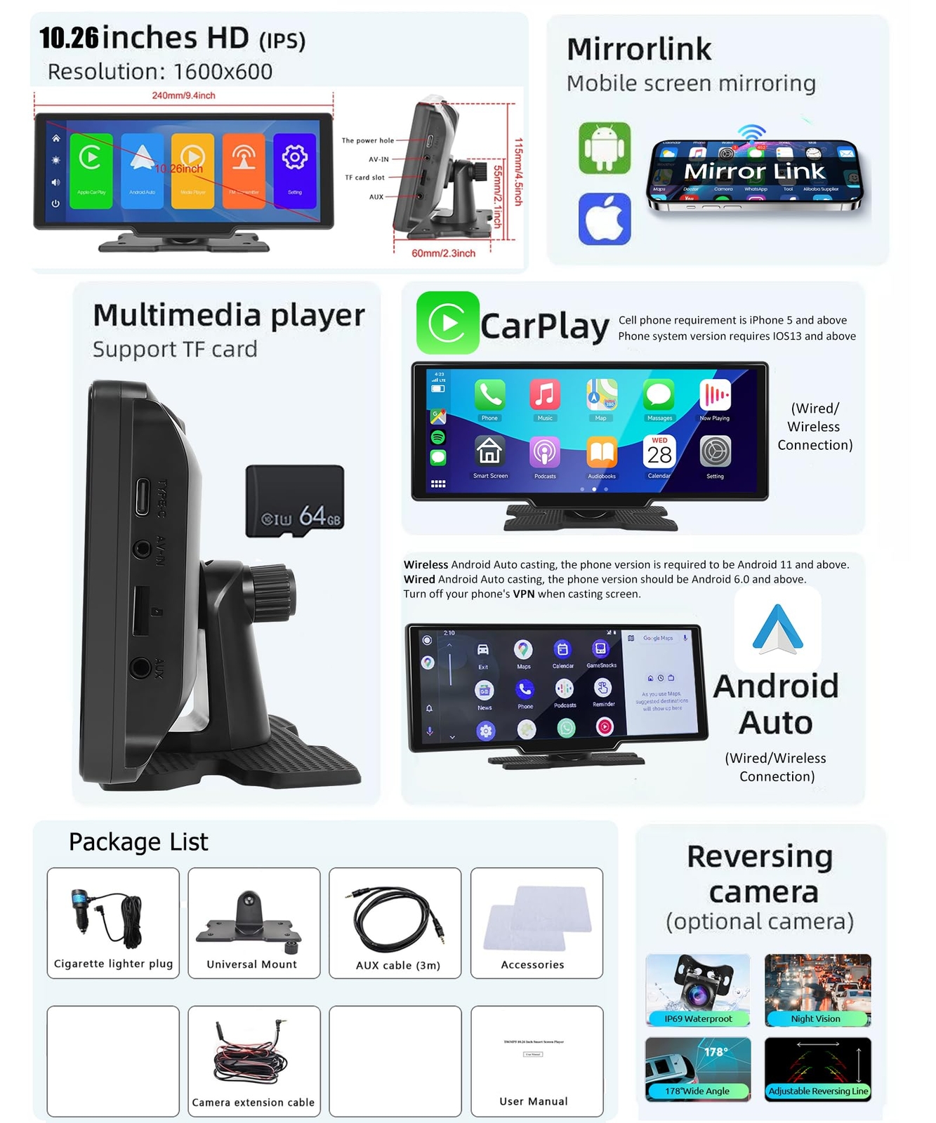 Pantalla Inalambrica 10.3″ Para Automovil Coche Con Apple Carplay y Android Auto