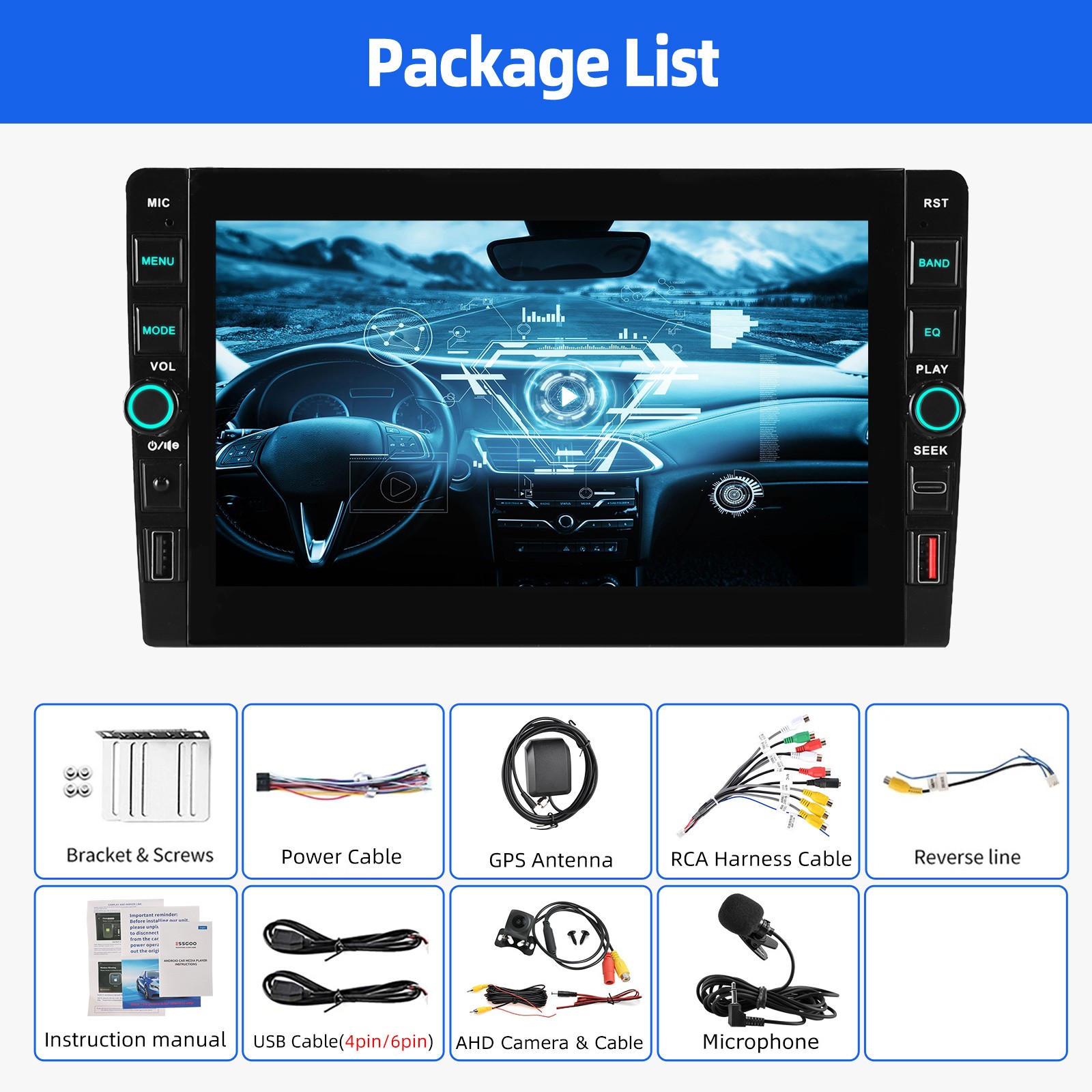 9″ 4+64GB 2DIN QLED Car Stereo Radio Android 15 Carplay USB Head Unit GPS BT+AHD