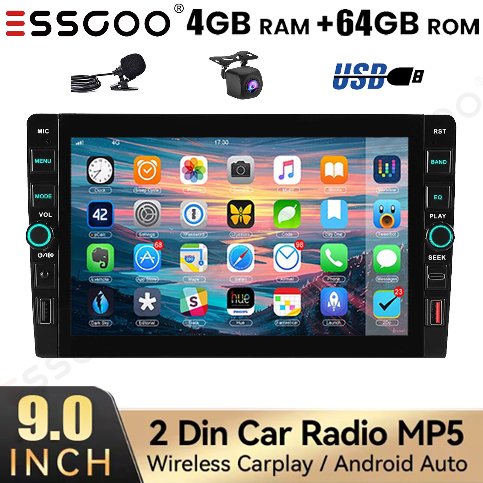 9″ QLED Car Stereo Radio 4+64G Carplay Android 15 Double 2 DIN GPS BT USB+Camera