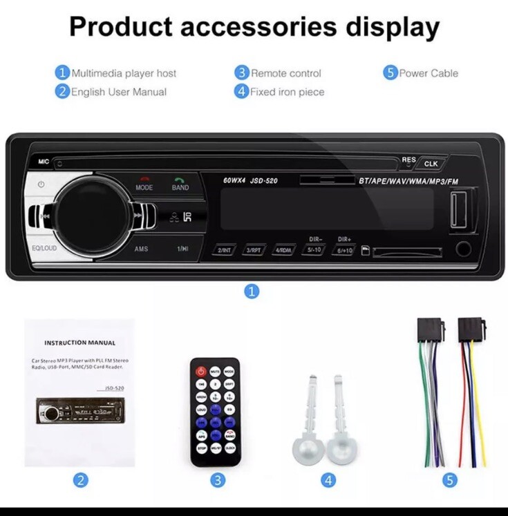 Bluetooth Car Stereo JSD-520 In-Dash FM Aux Input Receiver SD USB MP3 Player