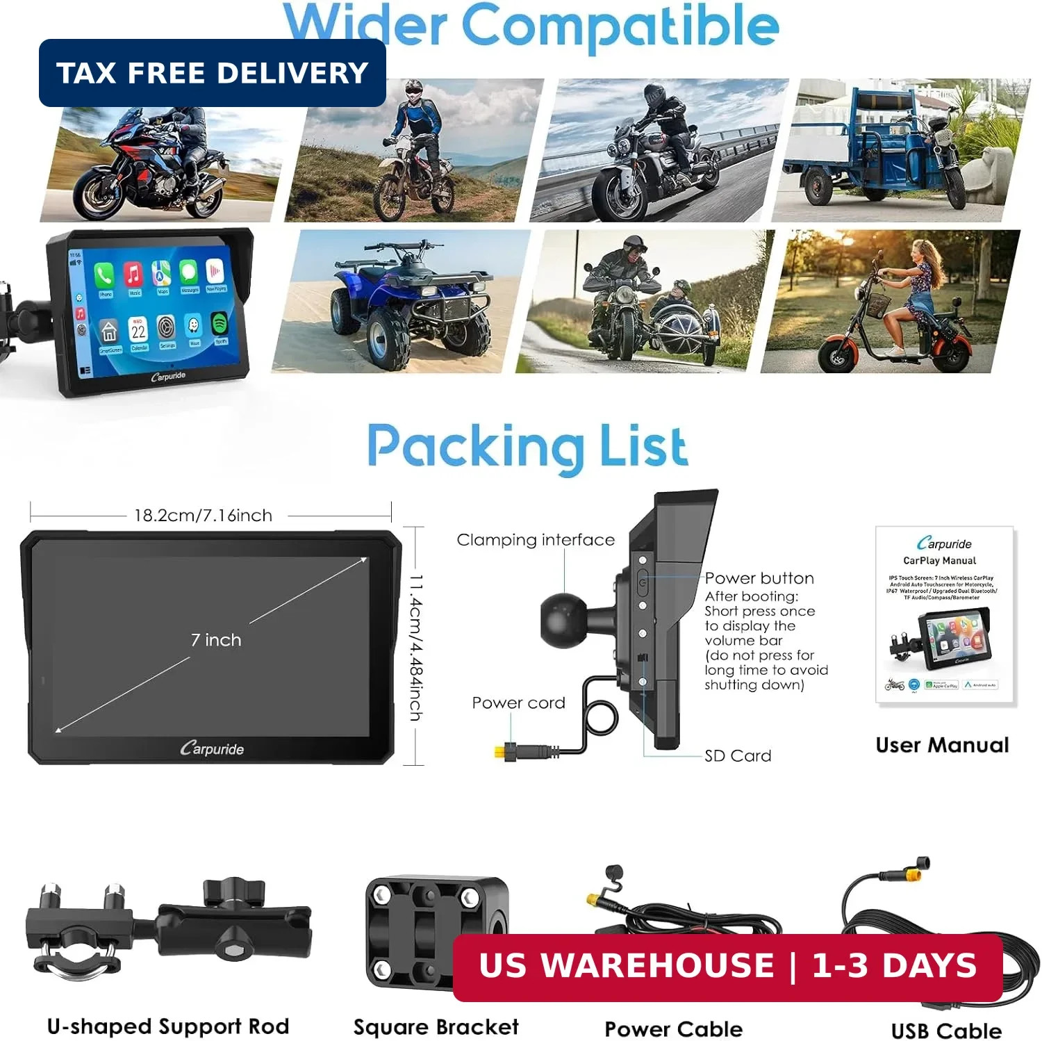 Carpuride W702PRO for Motorcycle CarPlay& Android Auto& Dual Bluetooth – 7″ Wate