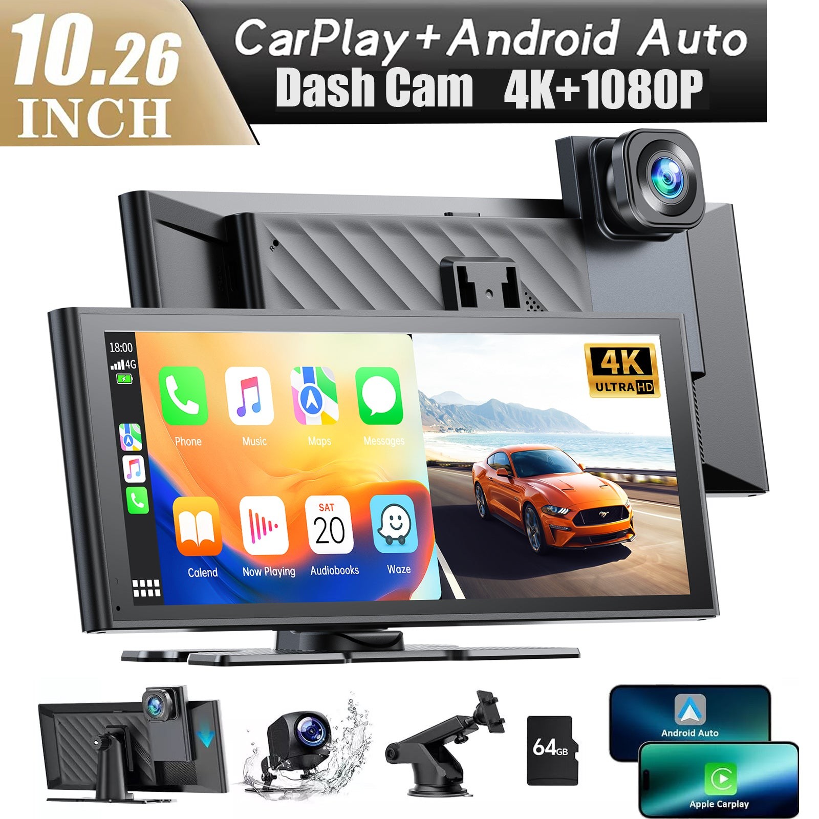 10.26″4K Dash Cam Car Stereo Radio Wireless Apple Carplay&Android Auto+1080P Cam