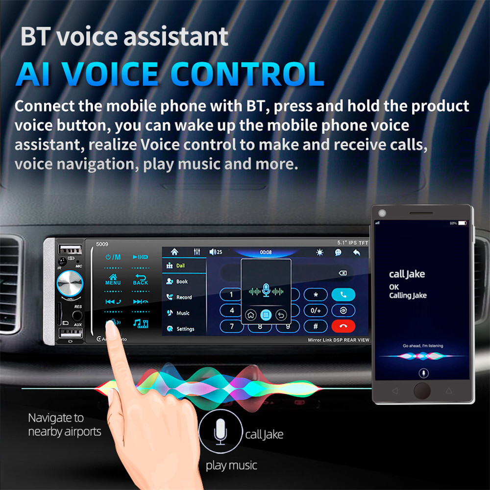 5.1in Car Radio Stereo Receiver 1 DIN MP5 Player Bluetooth For Apple Carplay