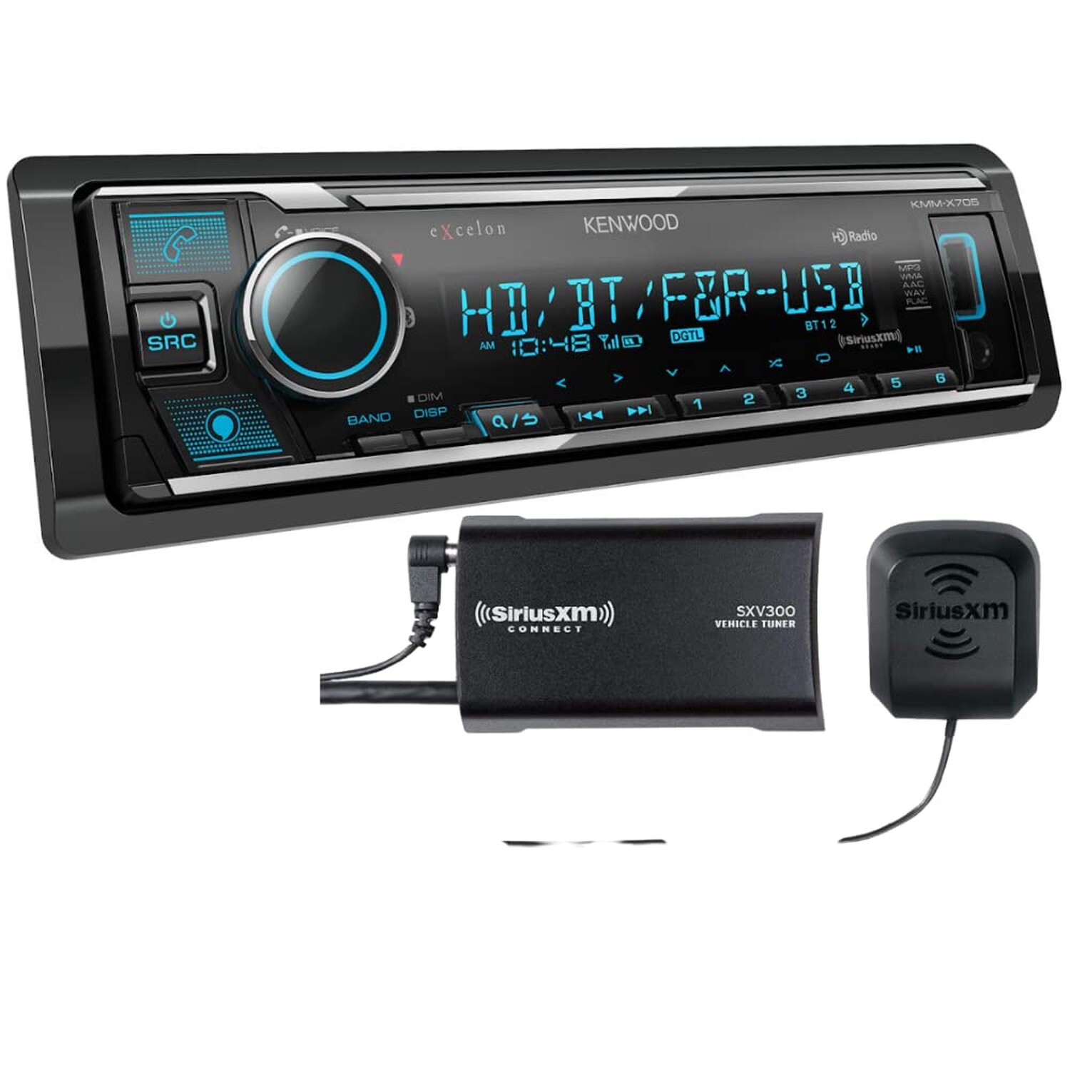 Kenwood KMM-X705 AM FM HD BT Dual USB Car Stereo, Plus SiriusXM Satellite Tuner