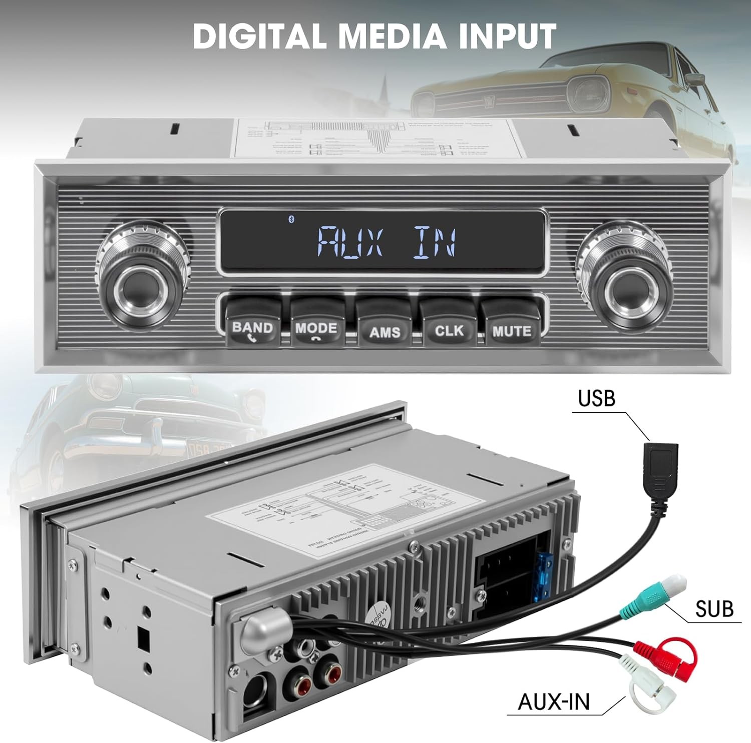 Vintage Car Stereo Single Din Bluetooth AM FM Radio