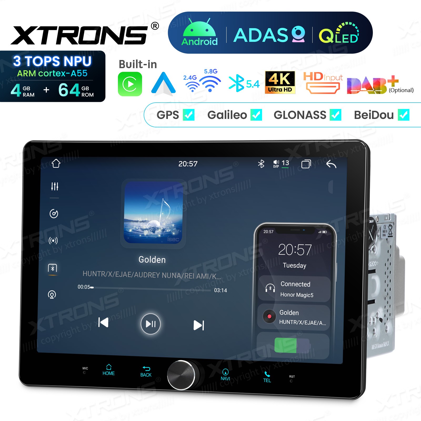 10.1″ QLED 2 DIN AI NPU Android 14 Car Radio Stereo 4+64G CarPlay ADAS Dash CAM