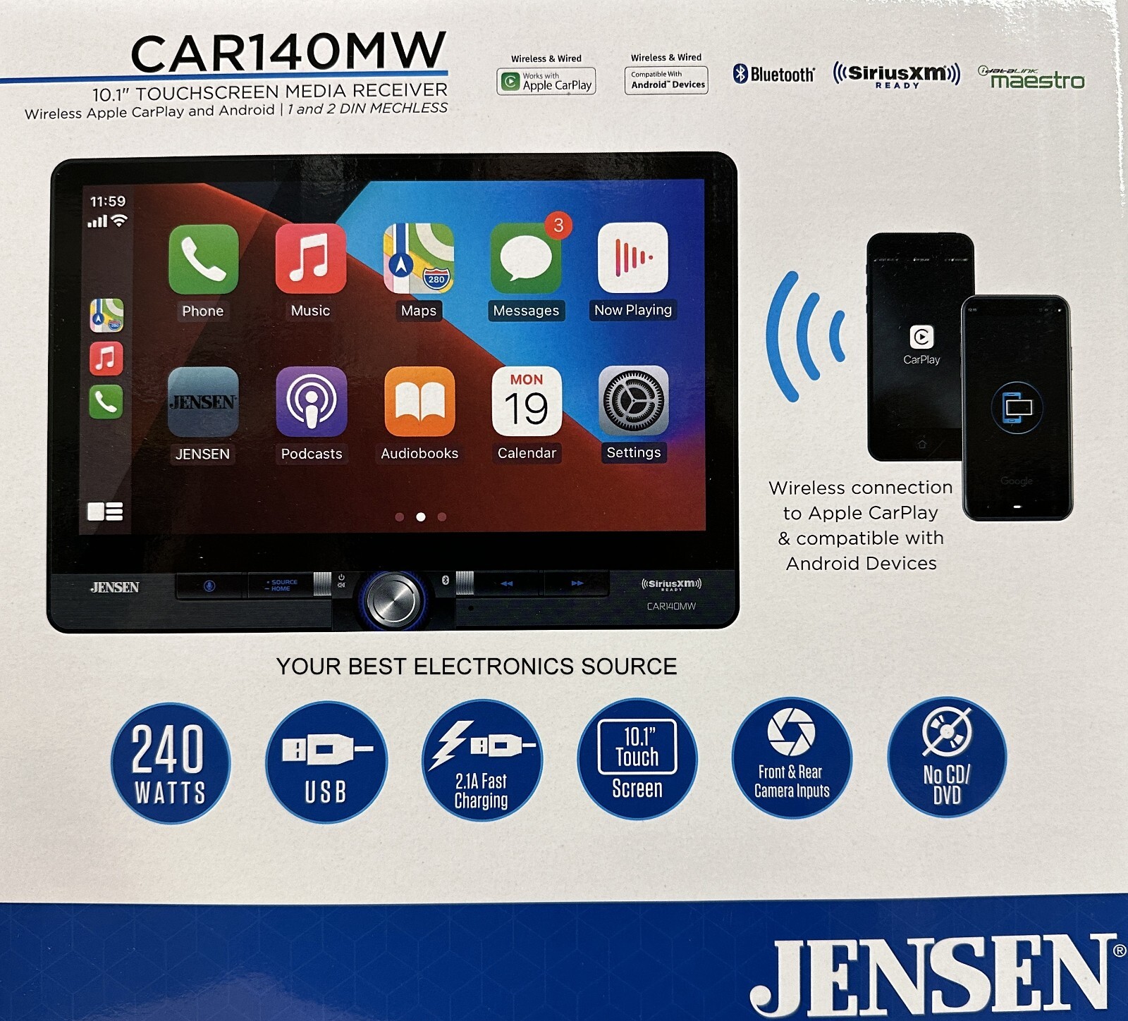 NEW Jensen CAR140MW 10″ Digital Media Stereo 2DIN, Wireless CarPlay/Android Auto