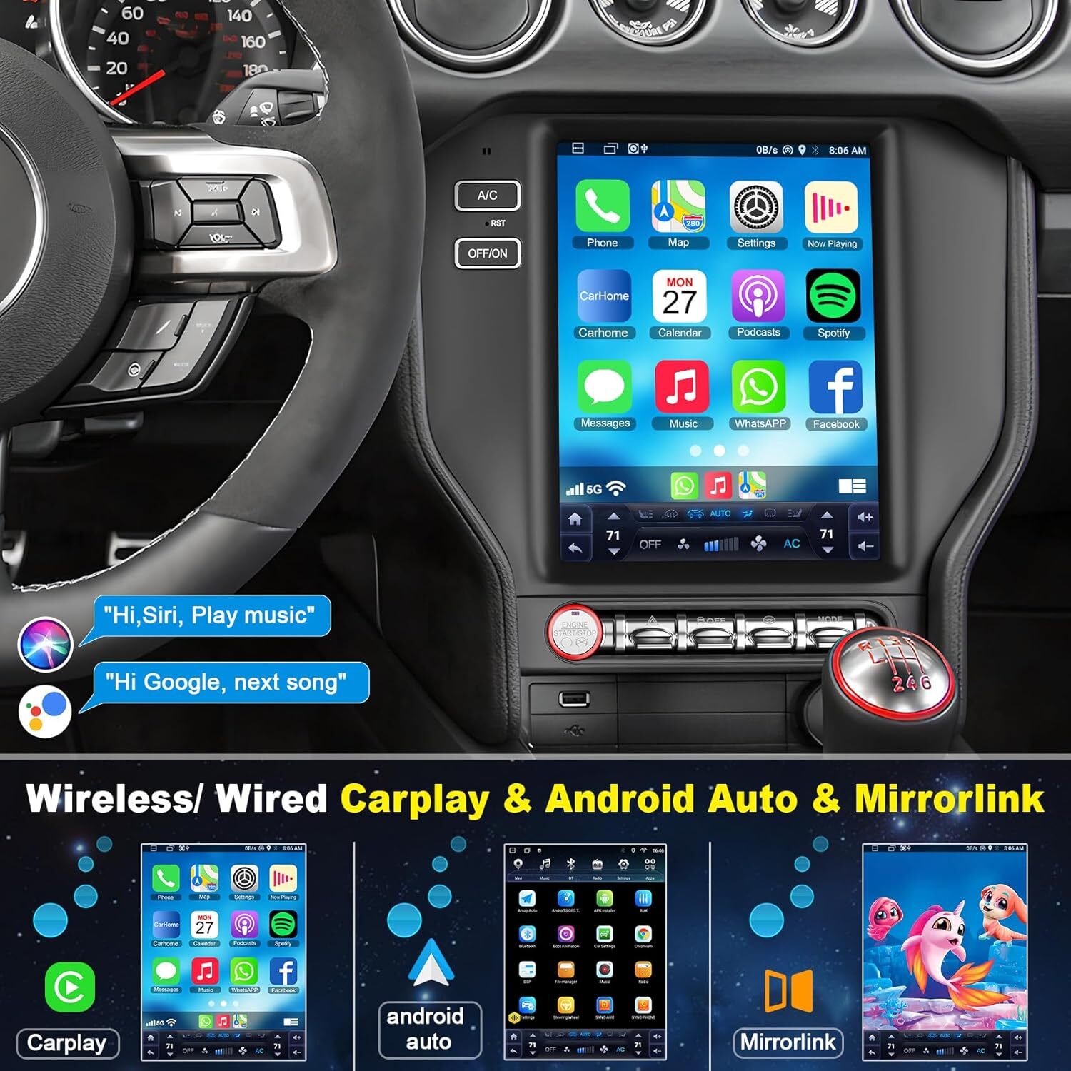 10.4″ Car Radio Android Tesla Screen Gps Navigation For Ford Mustang 2015-2022