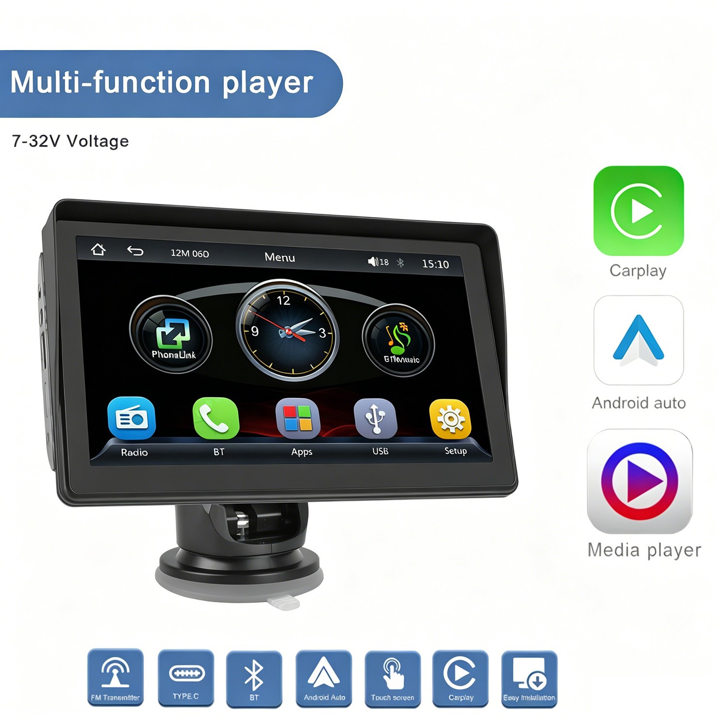 7″ Portable Car Monitor Wireless Carplay Android Auto Bluetooth MP5 Player