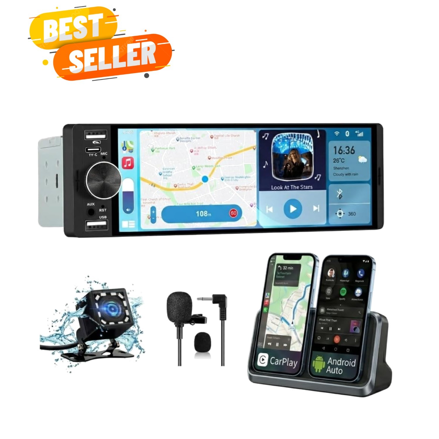 Single Din Car Stereo Universal, 6.36 Inch CarPlay & Android Auto IPS Touchsc…