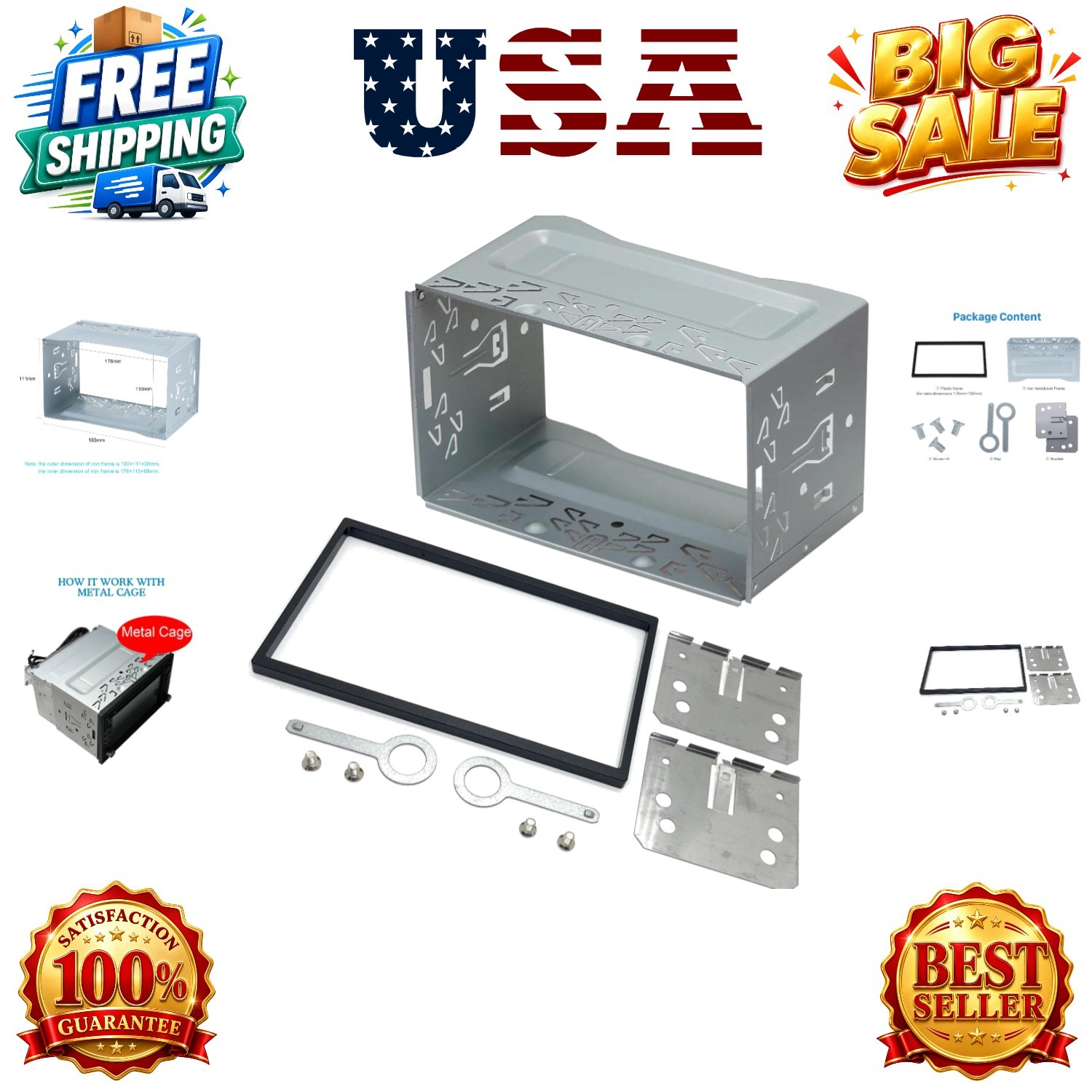 Car Stereo Double DIN Universal Cage with Frame, Installation Dash Kit Mounti…