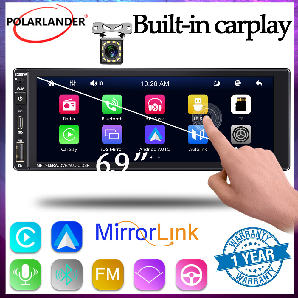 6.9″ 1Din Car Stereo Bluetooth Radio IOS Carplay Android Auto Mirror Link+Camera