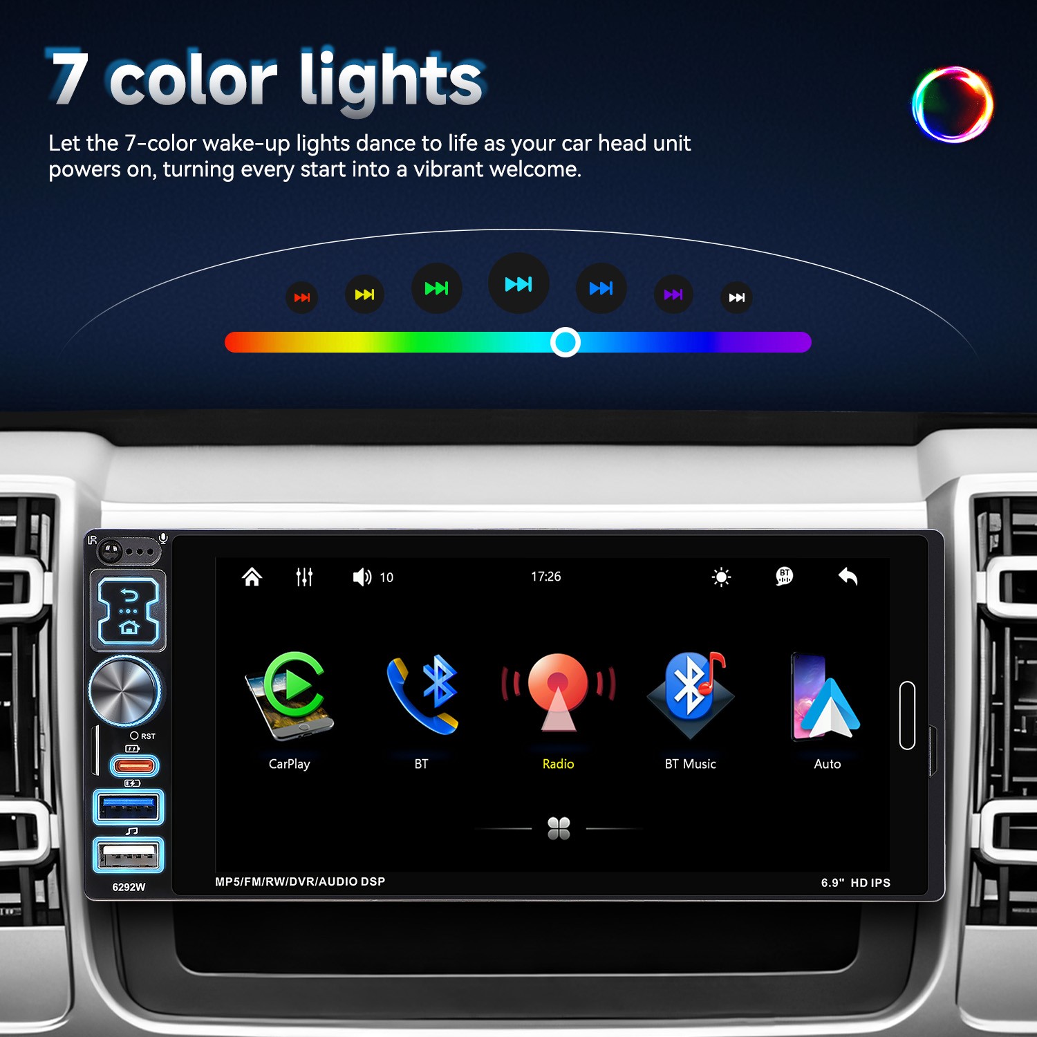 6.8″ Single Din Car Stereo Wireless CarPlay touchscreen Bluetooth Radio USB CAM